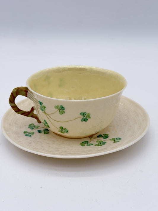 Belleek Irish Porcelain Shamrock Teacup & Saucer 5th Green Mark 1955–1965