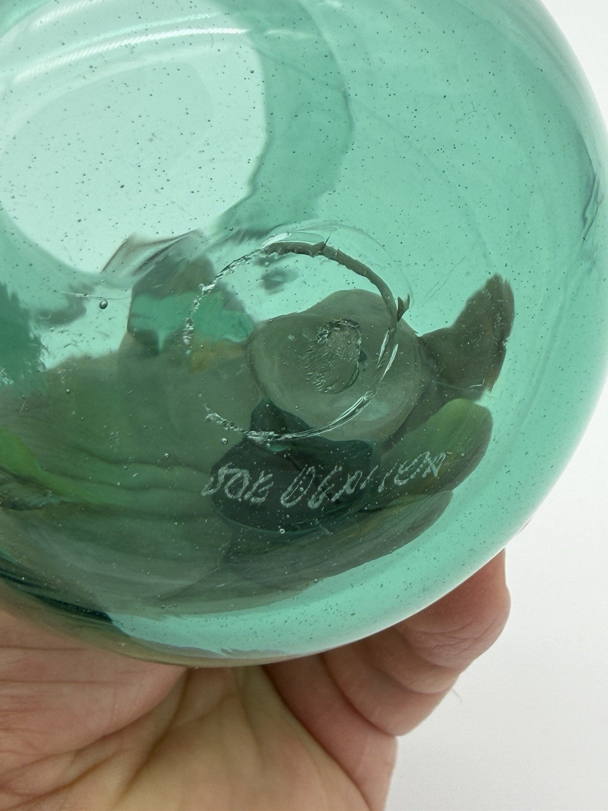 Vintage Joe Deanda Art Glass Pitcher Green Painted Pansies 4.5”H