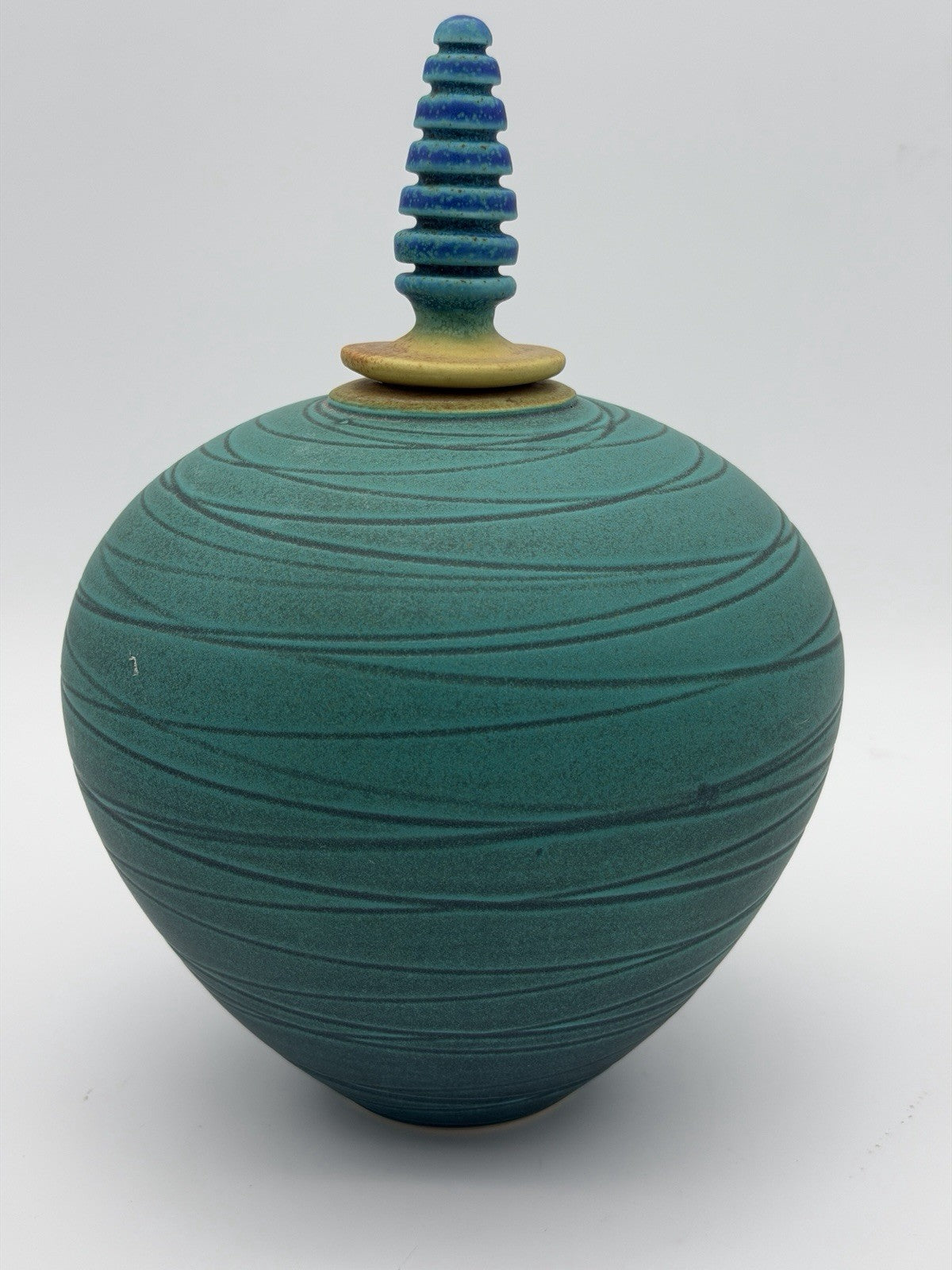 vintage Marali Blalu studio art pottery turquoise W/stopper Urn Genie Vase