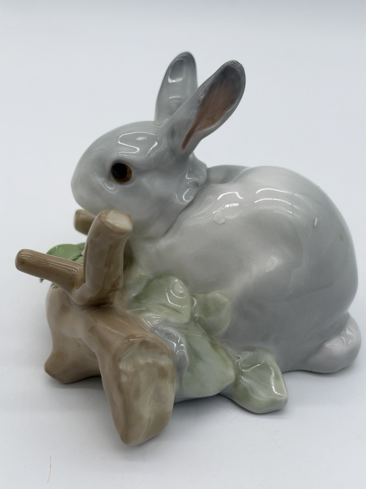 Lladro Spain Porcelain Bunny Rabbit Eating On Branch Gray /white Figurine Vintag