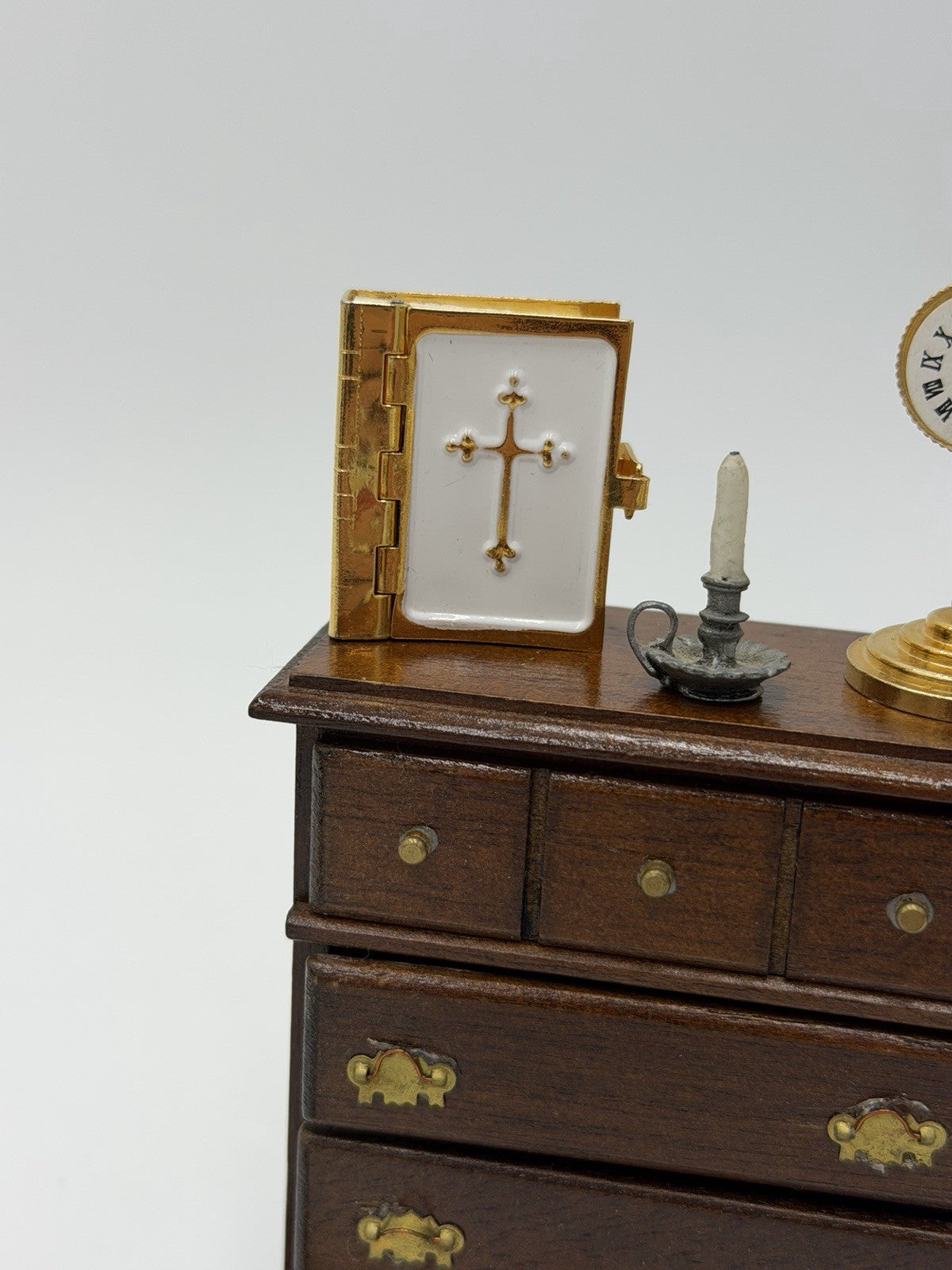 Vintage Dollhouse Furniture Miniature Lot Drawer Bible Clock Tea Set Table