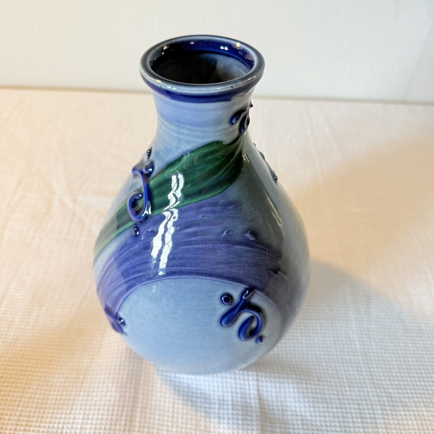 Studio Pottery Flower Vase Blue Purple Drip Ceramic Signed 8in H Swirls Leaf