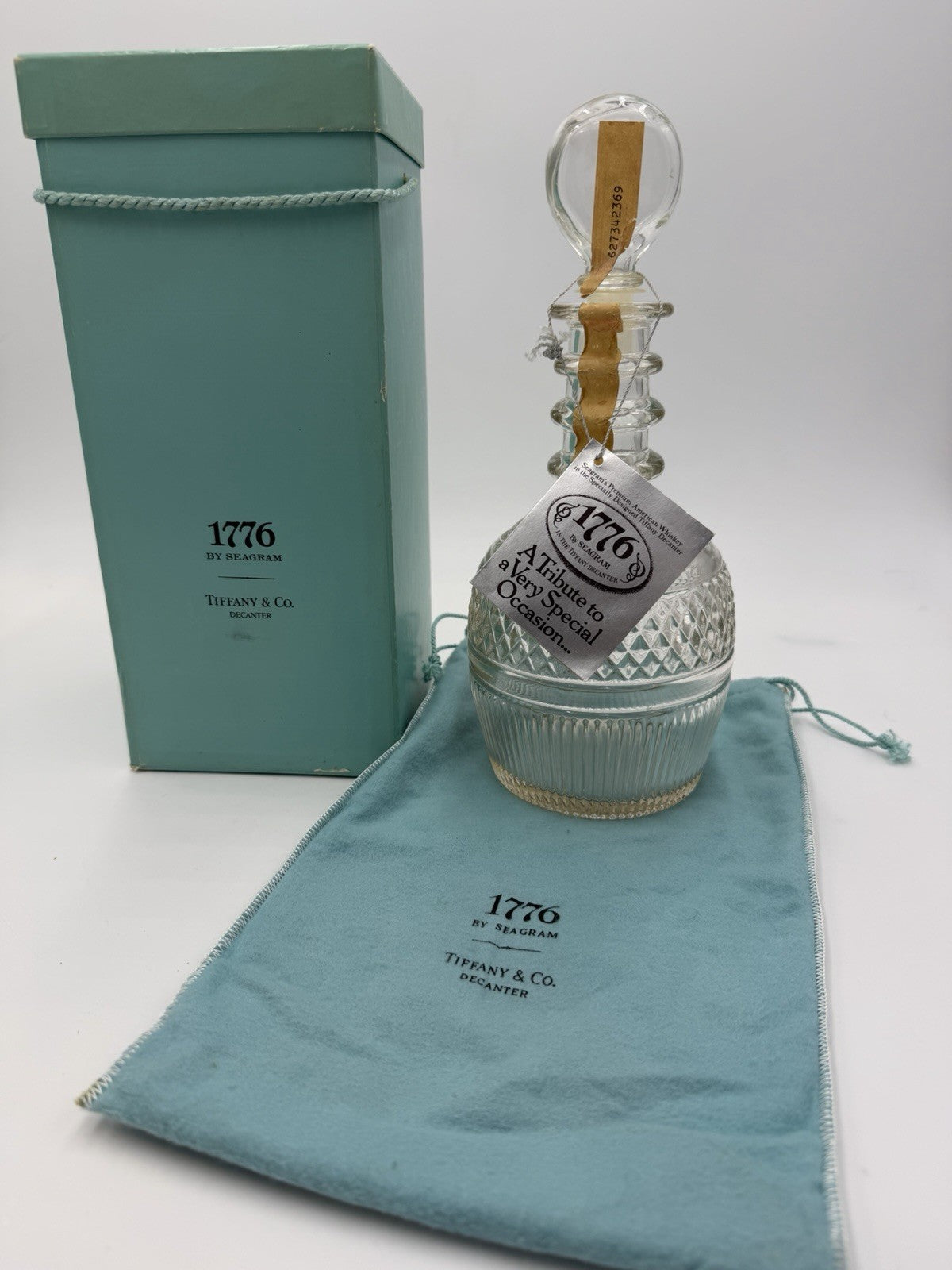 Tiffany & Co 1776 Seagrams Decanter Clear Glass Box Bag Tag Stopper 10.5" Vtg