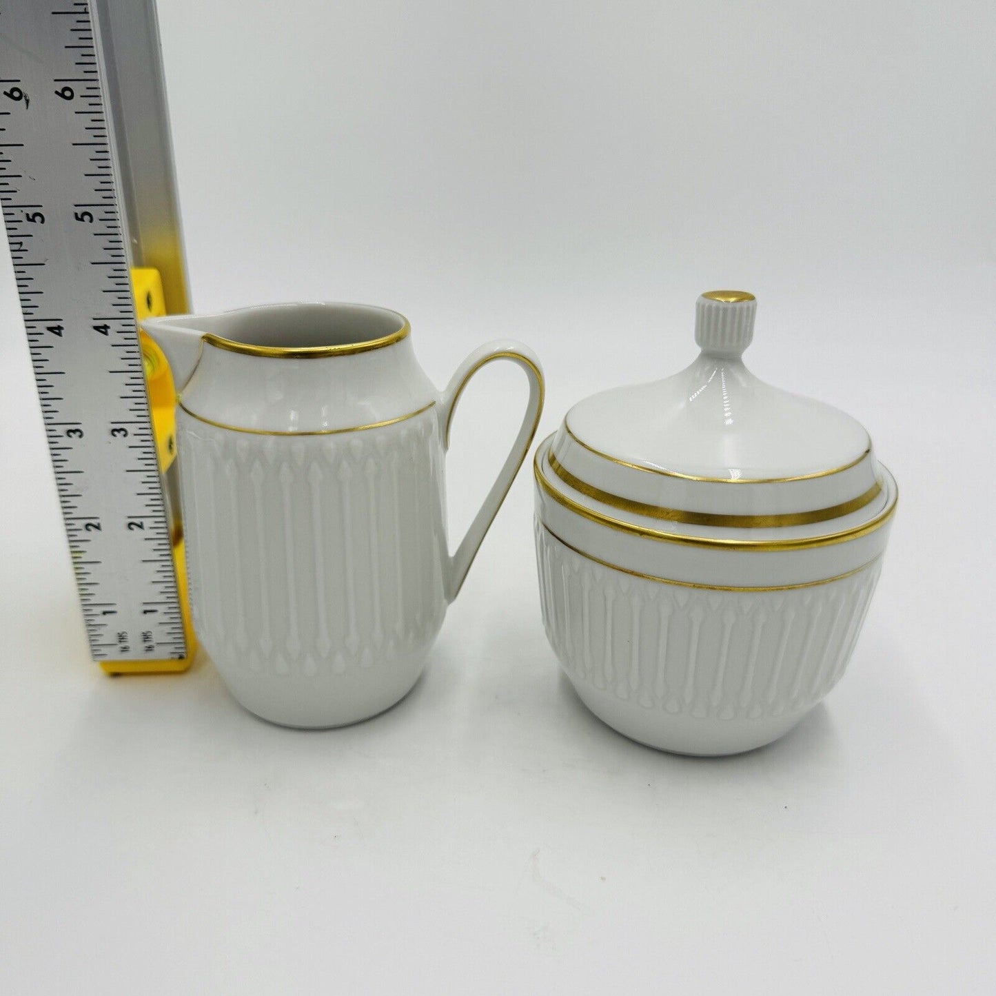 Rare Hutschenreuter Luxor Germany Porcelain 3106 Creamer & Sugar White Gold Trim