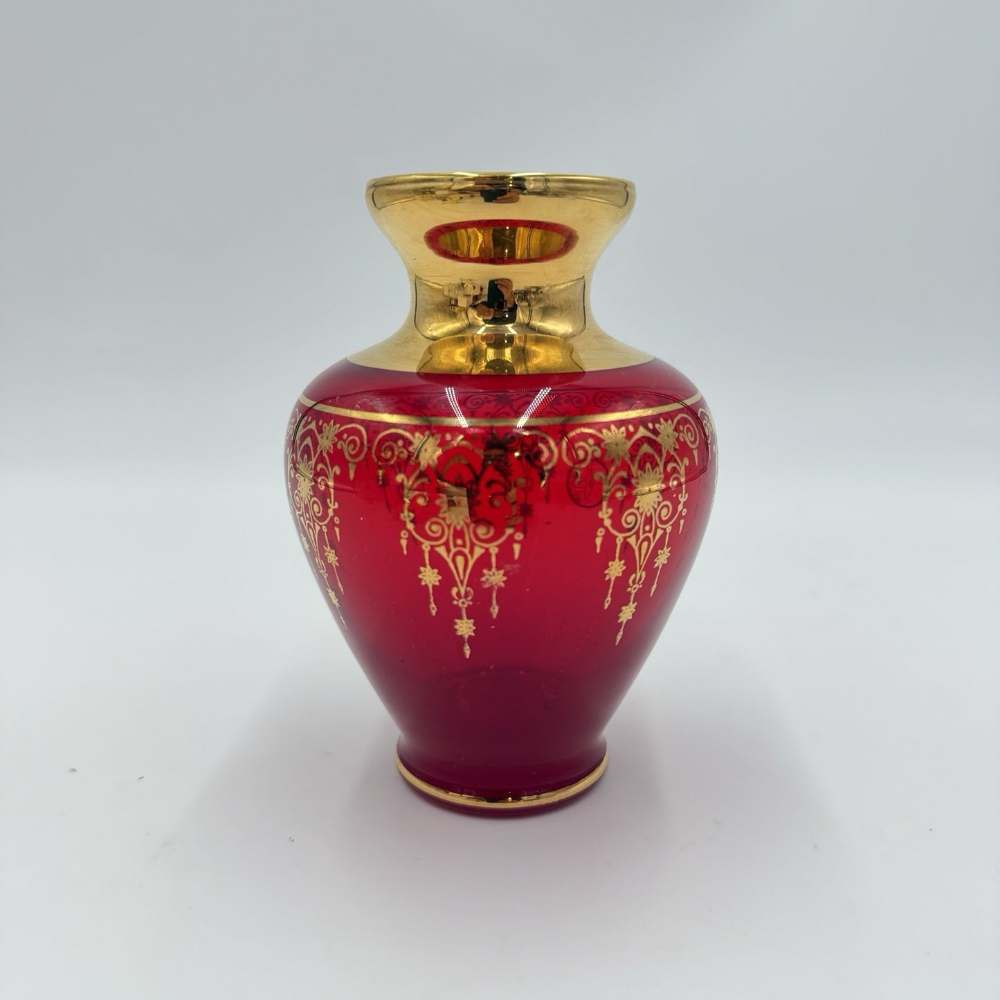 Vecchia Murano Ferro and Lazzarini Ruby Red Glass 22k Gold Leaf Vase Italy Glass