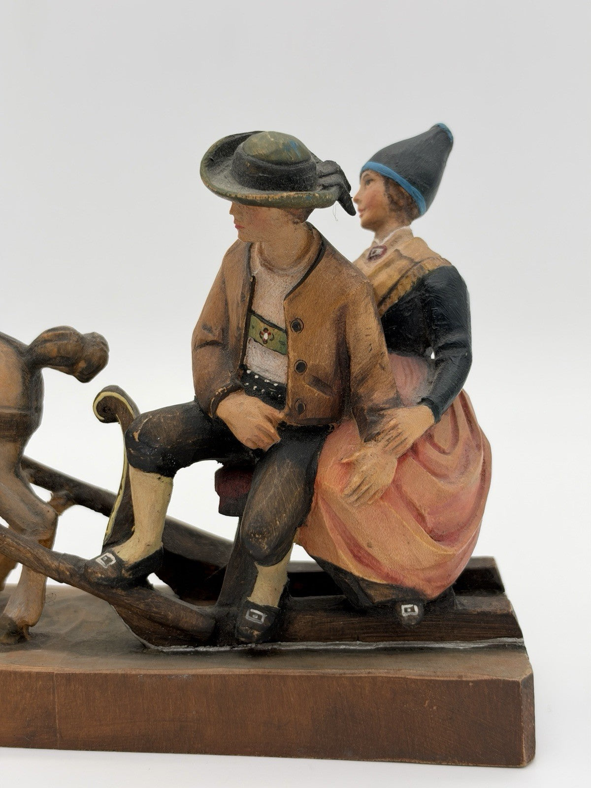 Antique folk art wood carving August Runggaldier Italy  farmers on horse sleigh