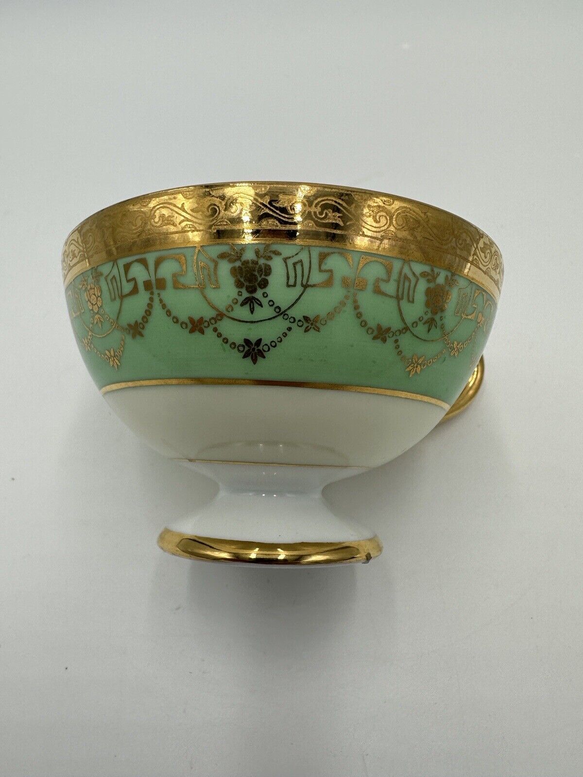 Czchoslovakia Bohemia Teacup Footed 24K Gold Encrusted Green Serveware  Porcelai