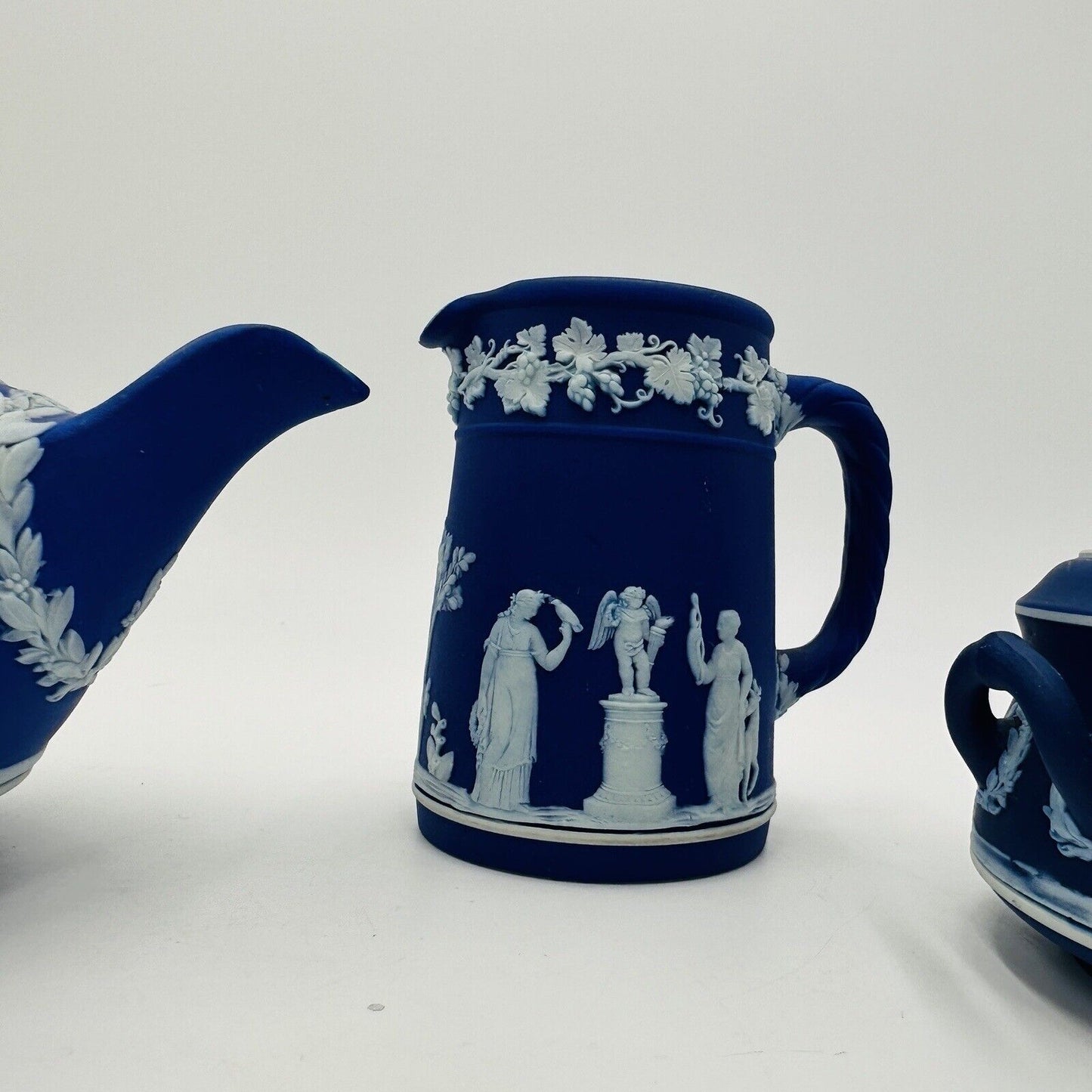 Wedgwood Teapot Sugar Bowl Pitcher Dipped Cobalt Blue #43 Set Jasperware