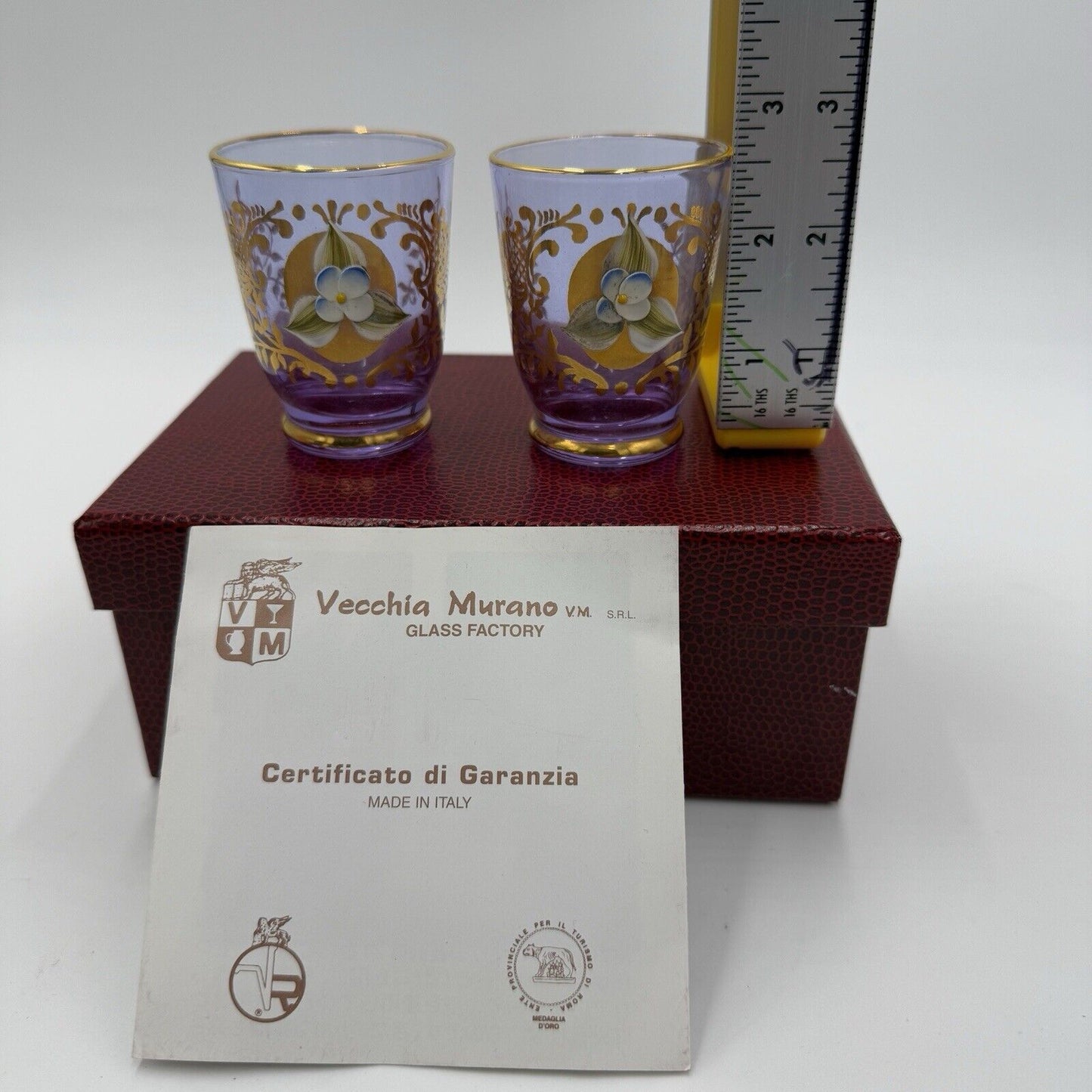 Murano Art Glass Vecchia Italy Lavender Shots Pair Glasses Set 2 Box /COA Vintag