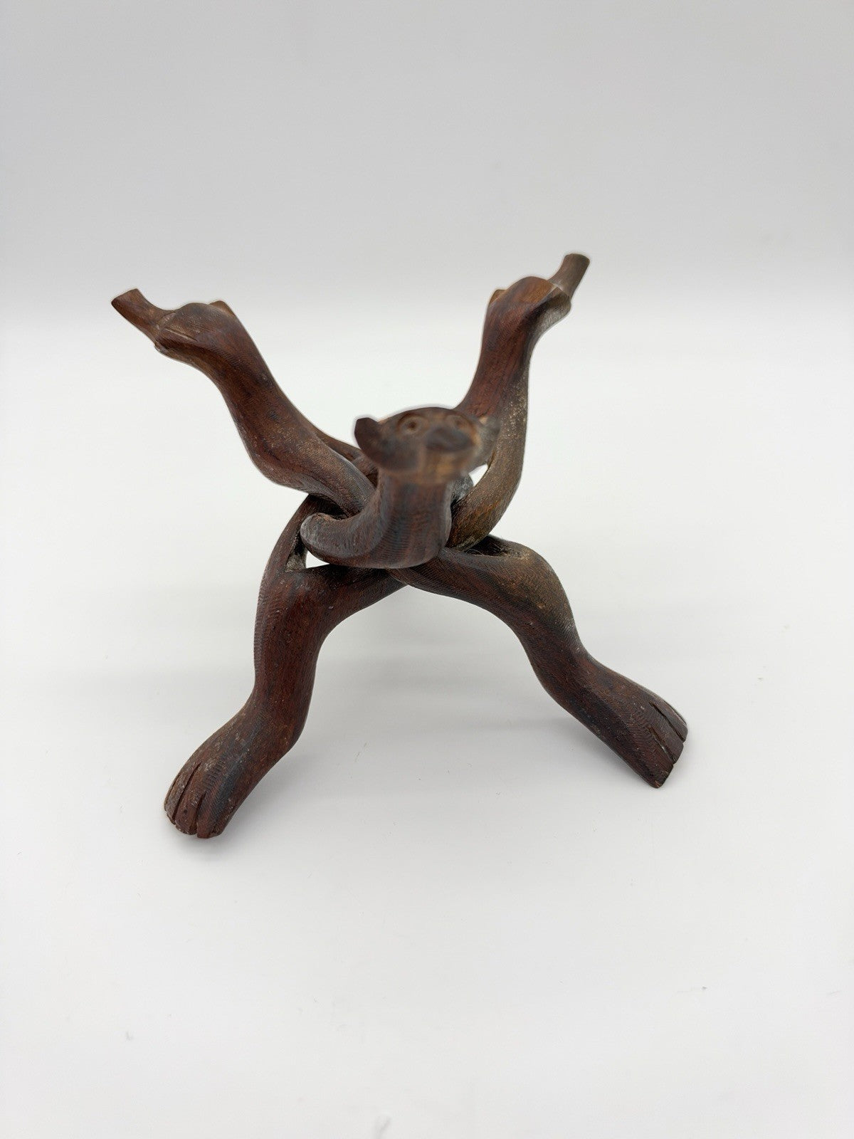 20th Century Boho Chic Hand Carved Wood Bowl Stand Snake Head 5”H