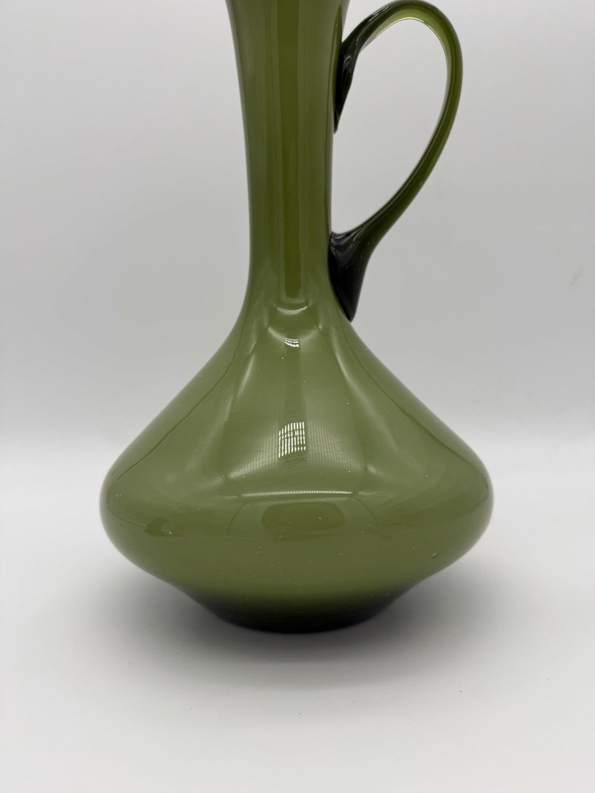 MCM Empoli Italy Olive Green Cased Art Glass Ewer Pitcher Wine Bottle Italy 12”