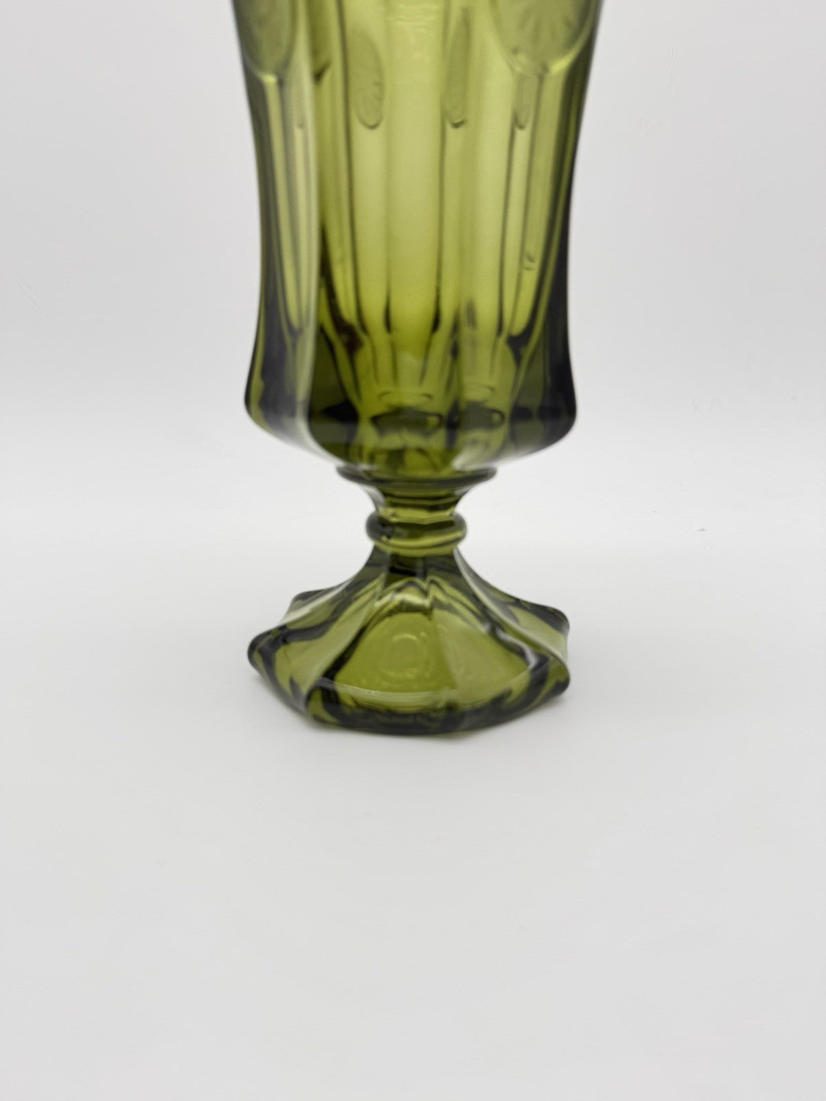 Fostoria Art Glass Embossed Coin 13”H olive Green Compote Lidded Urn Vase