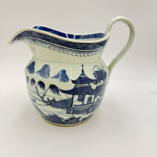 Antique Chinese Blue & White Canton Export Porcelain Large Pitcher 9”H x12” L