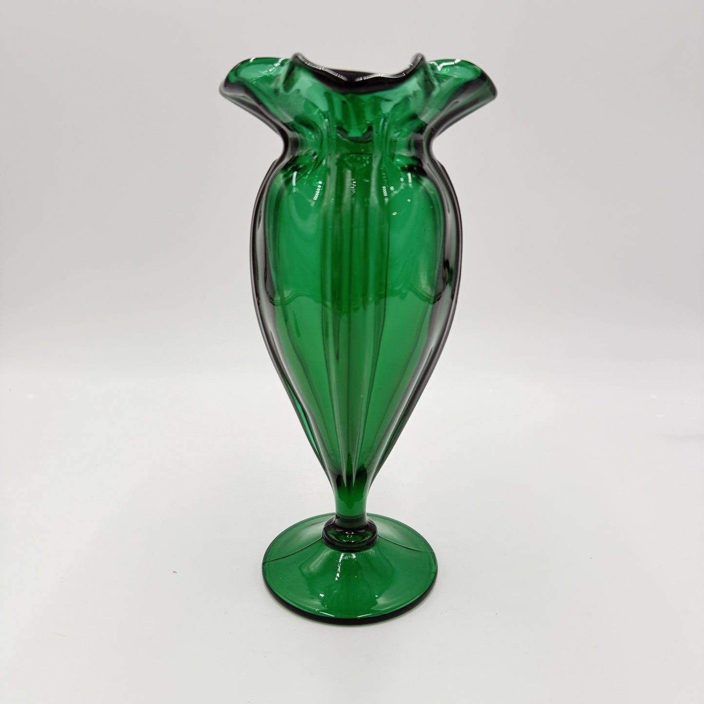 MCM Wayne Husted Stelvia emerald green art glass ruffled compote Vase 9.5in