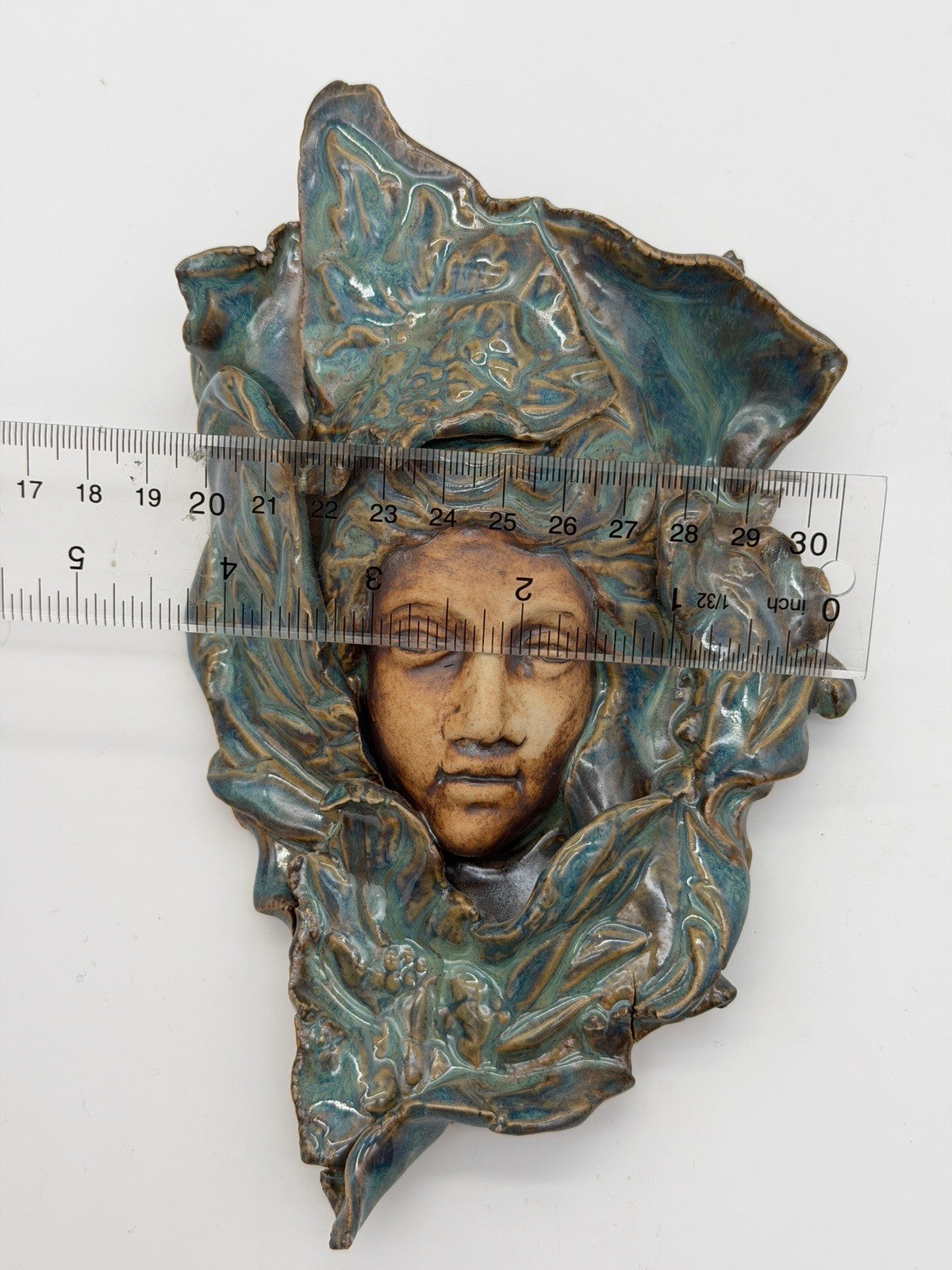 Art Nouveau Studio Art Pottery wall pocket sculpture Teal Blue Glossy 7.5”x4”