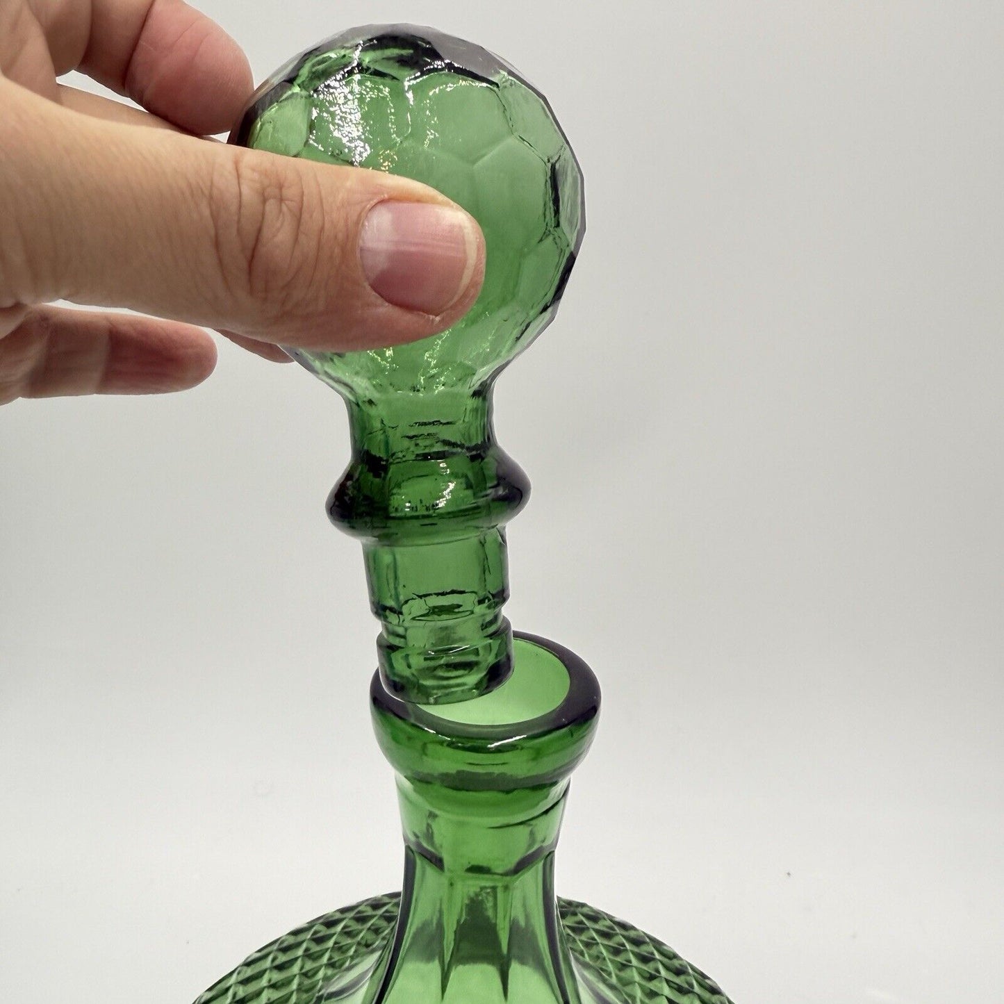 Vtg Empoli Green Diamond Genie Bottle Decanter W/Stoppers 12” Italy Art Glass