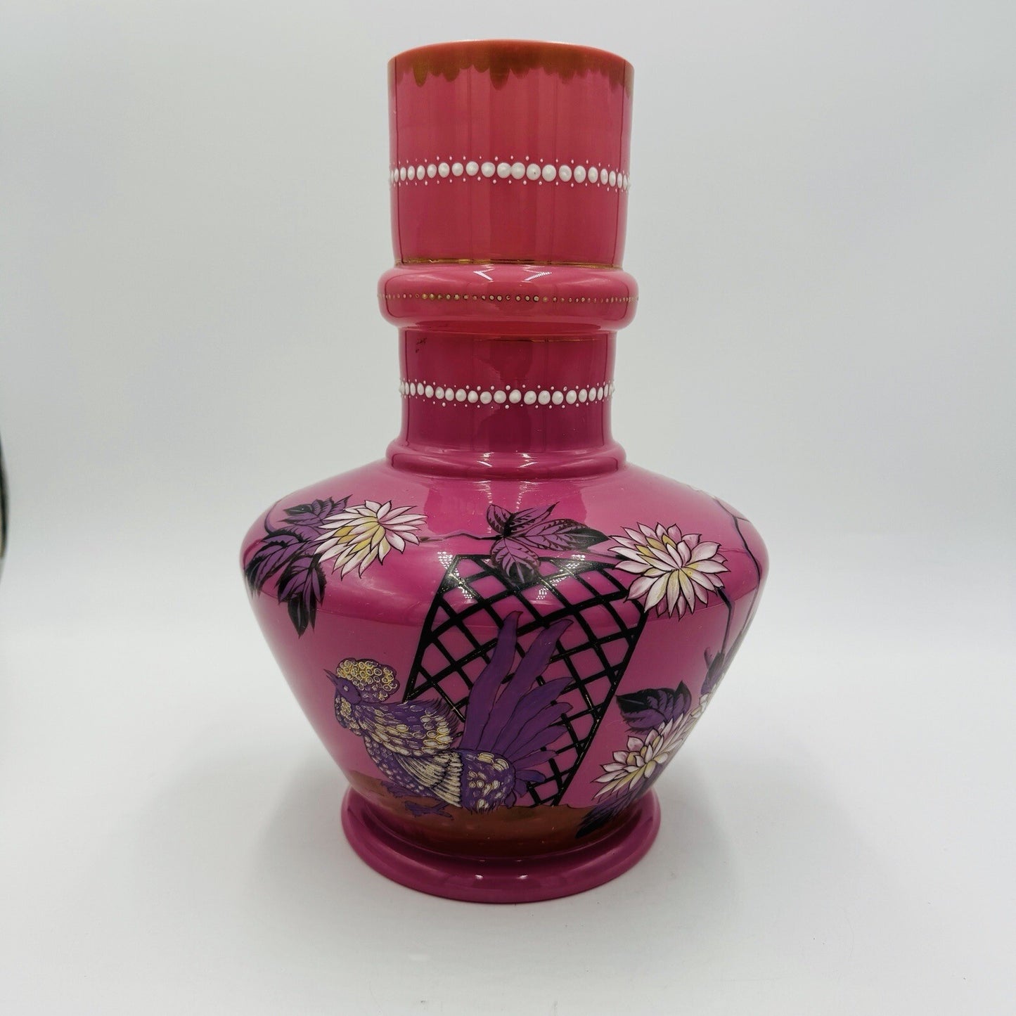 Victorian Aesthetic Pink Opaline Glass Vase Roosters Fighting Daisies Large Rare