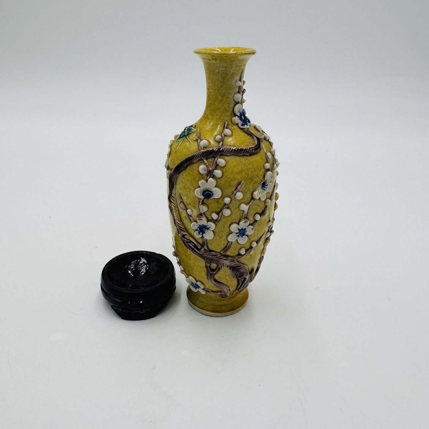 Antique Chinese Yellow Qing Dynasty Plum Blossoms Floral Mini Vase 5”