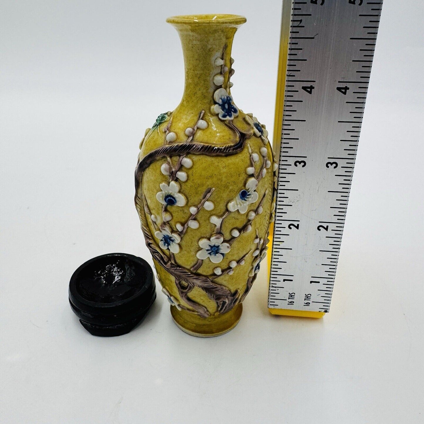 Antique Chinese Yellow Qing Dynasty Plum Blossoms Floral Mini Vase 5”