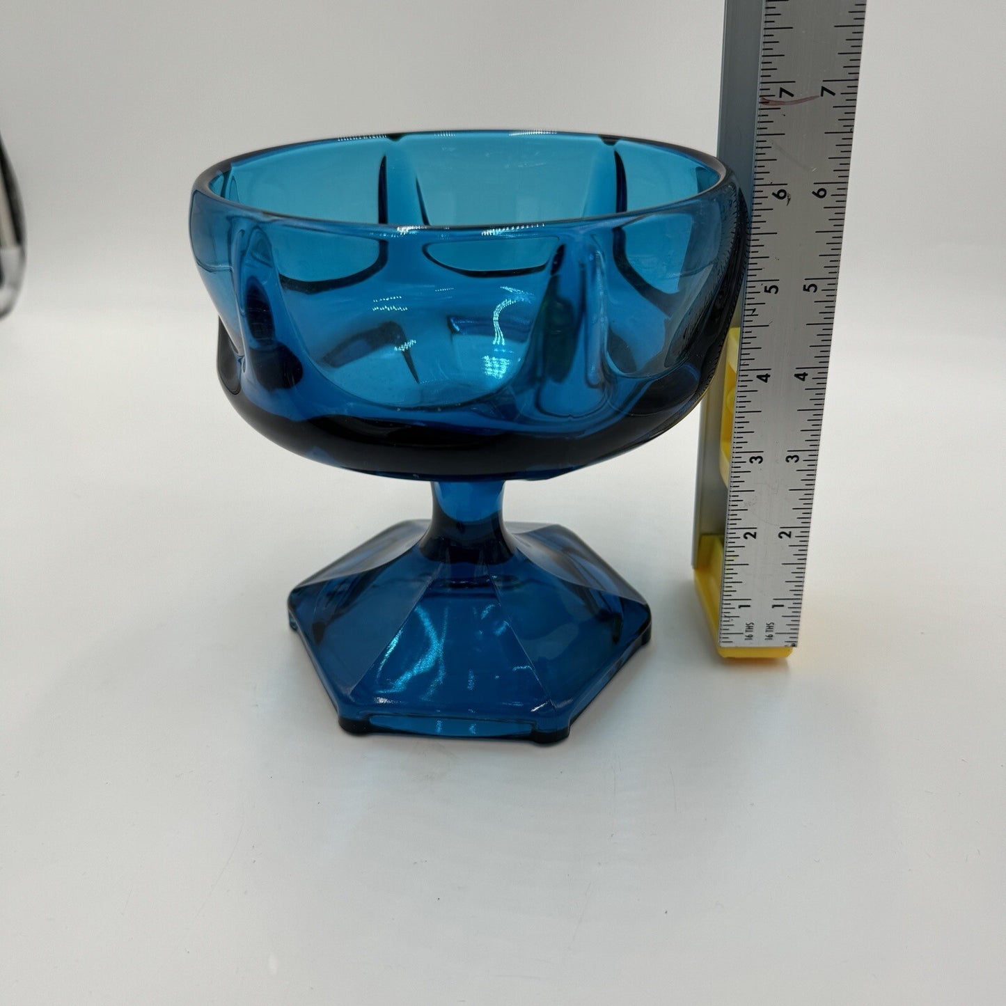MCM Viking Candy Dish Blue Art Glass 1960s Bluenique Pedestal 6in Beautiful