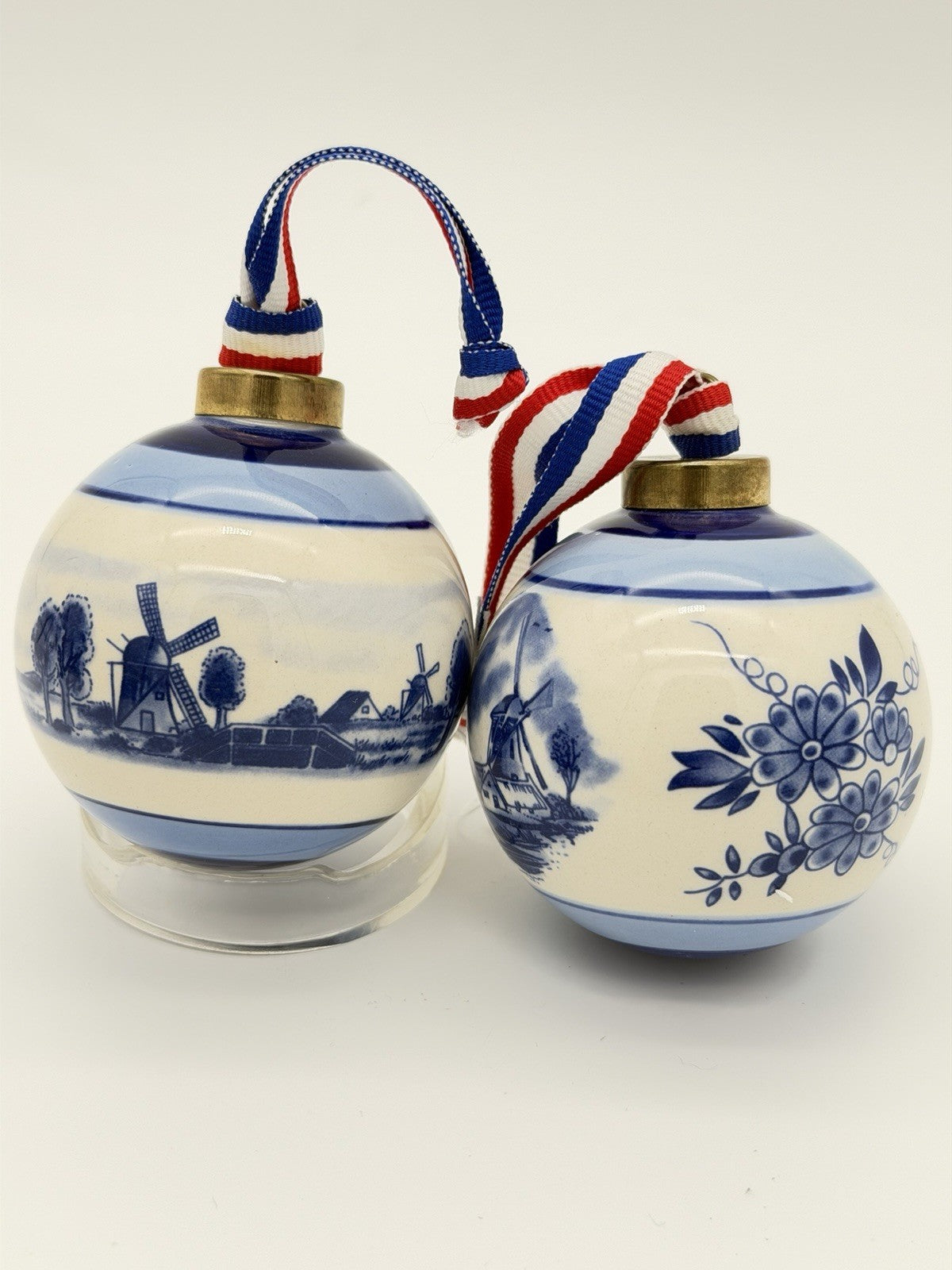 Delft Art Dutch Pottery Blue White Windmill Porcelain Christmas Ball Ornaments
