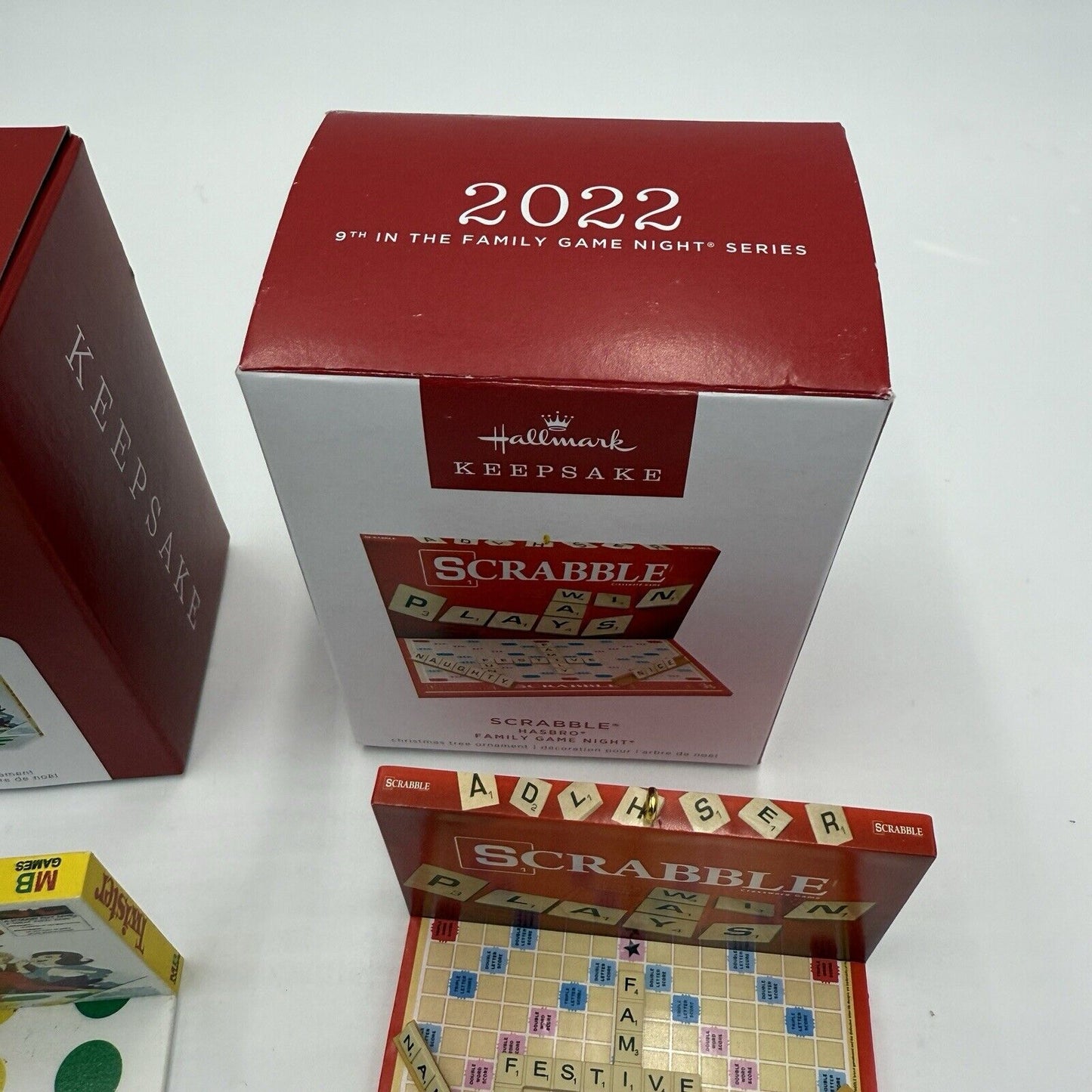 Hallmark FAMILY GAME NIGHT Ornaments 2021 TWISTER & 2022 SCRABBLE NIB