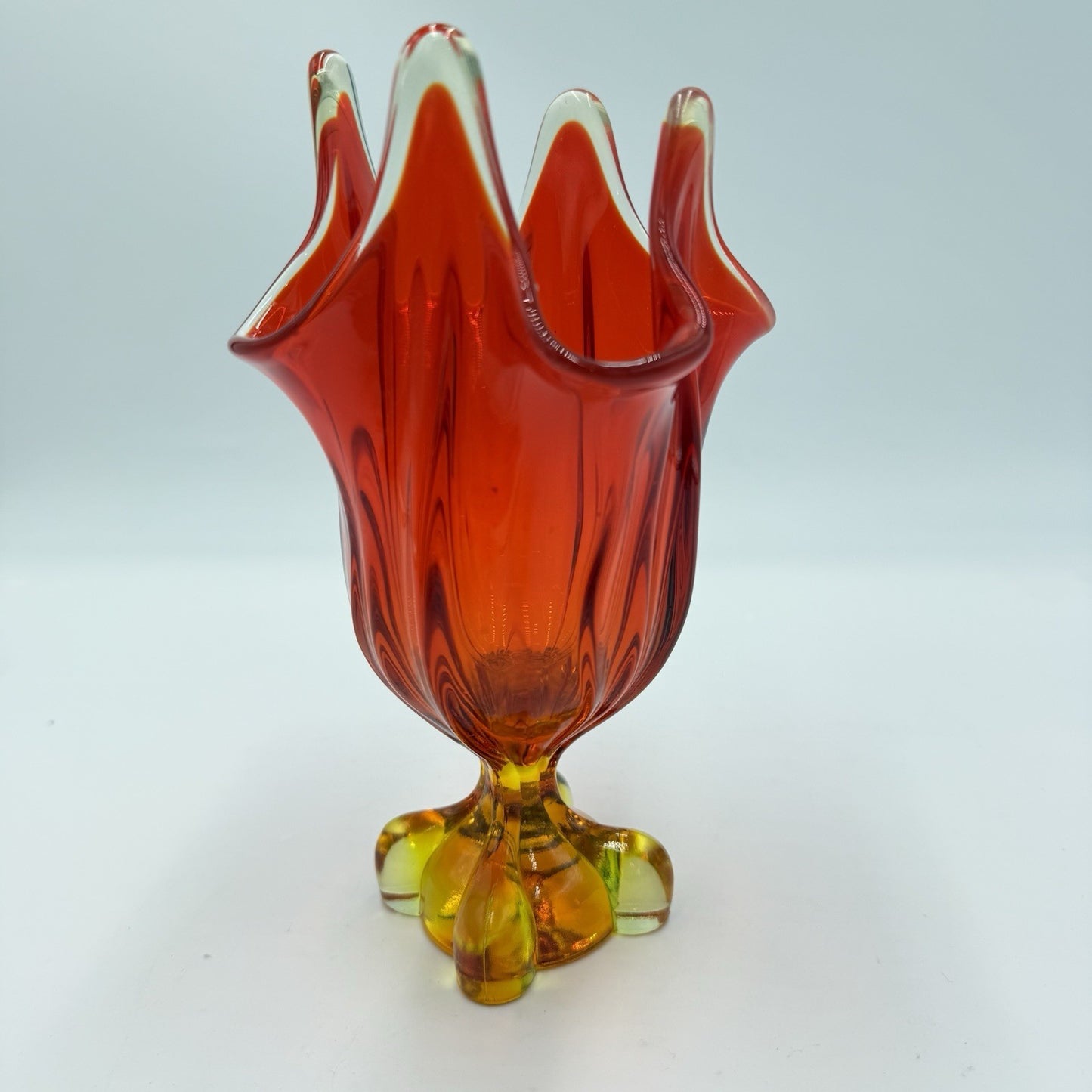 Viking art  Glass EPIC Four Square Footed Swung Vase Persimmon Cadmium UV Glow