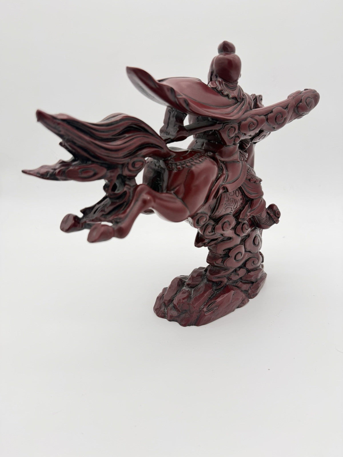 Large Chinese Red Resin Guan Yu Warrior Riding Galloping Horse Sculpture 10”x12”