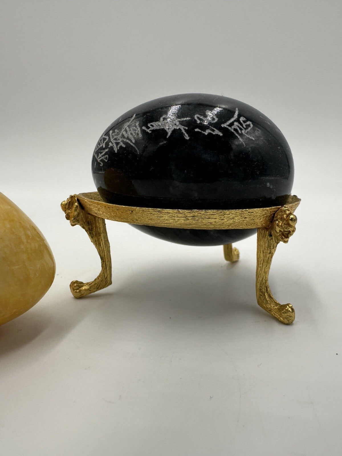Alabaster Marble Eggs Stone 3in Etching Asian Words Yellow Black Vintage Easter