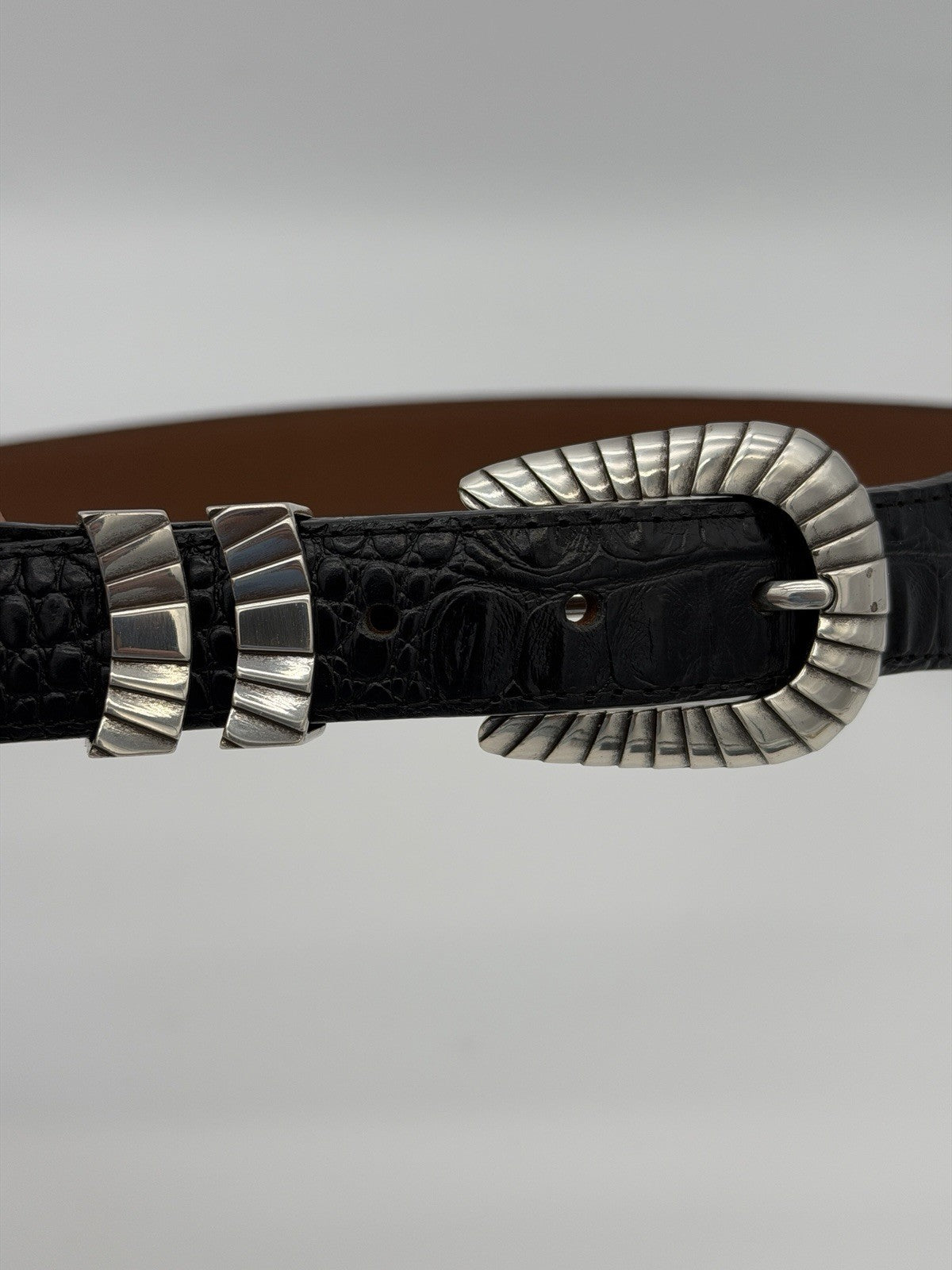 justin top grain leather belt C12873 Size 38 Black Silver Tone Buckle USA 45”L