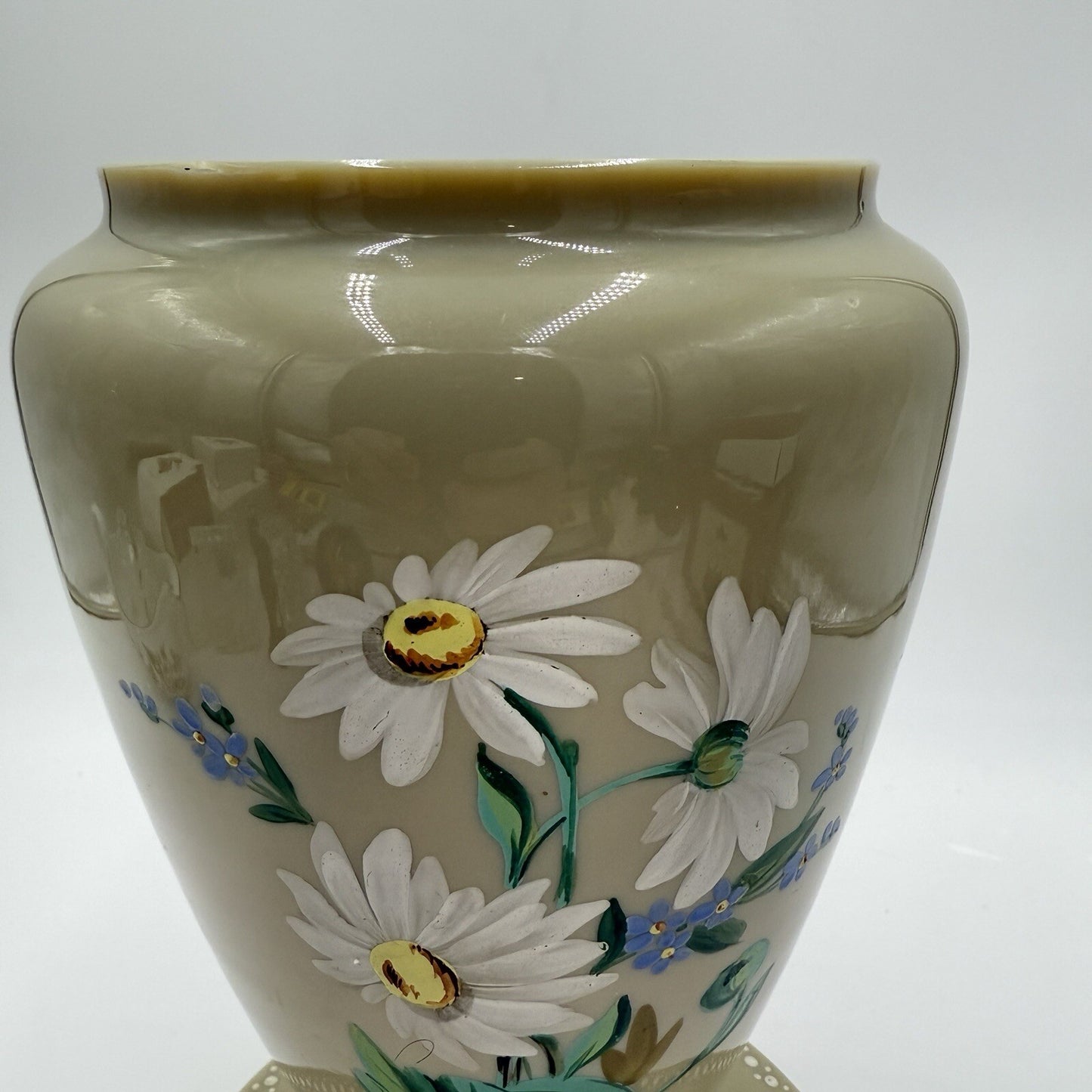 Antique Victorian Bristol Art Glass Hand Painted Daisies Footed Large Vase 11in