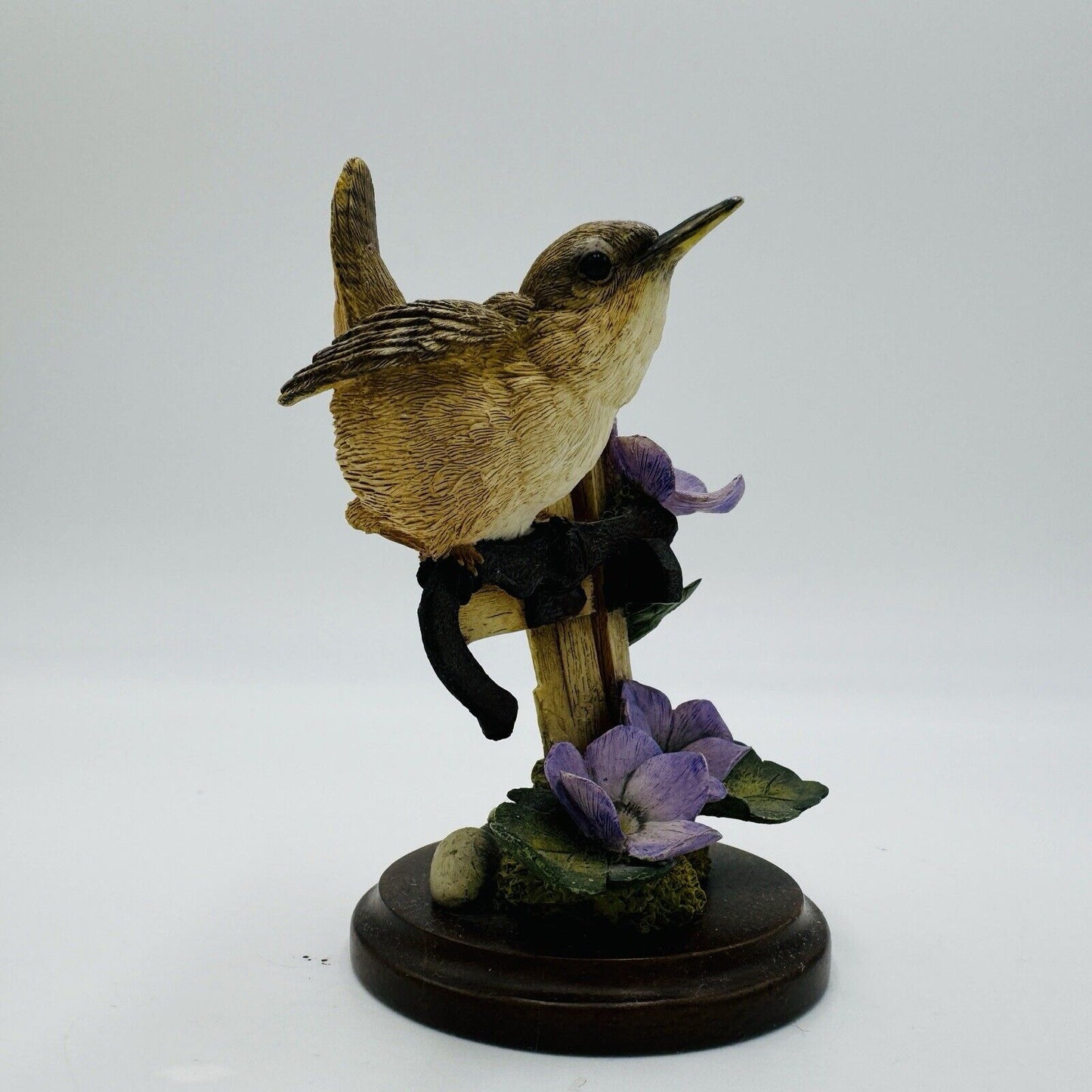 Country Artists Hand Painted House Wren w Violets Wood Base Figurine Vintage 4”