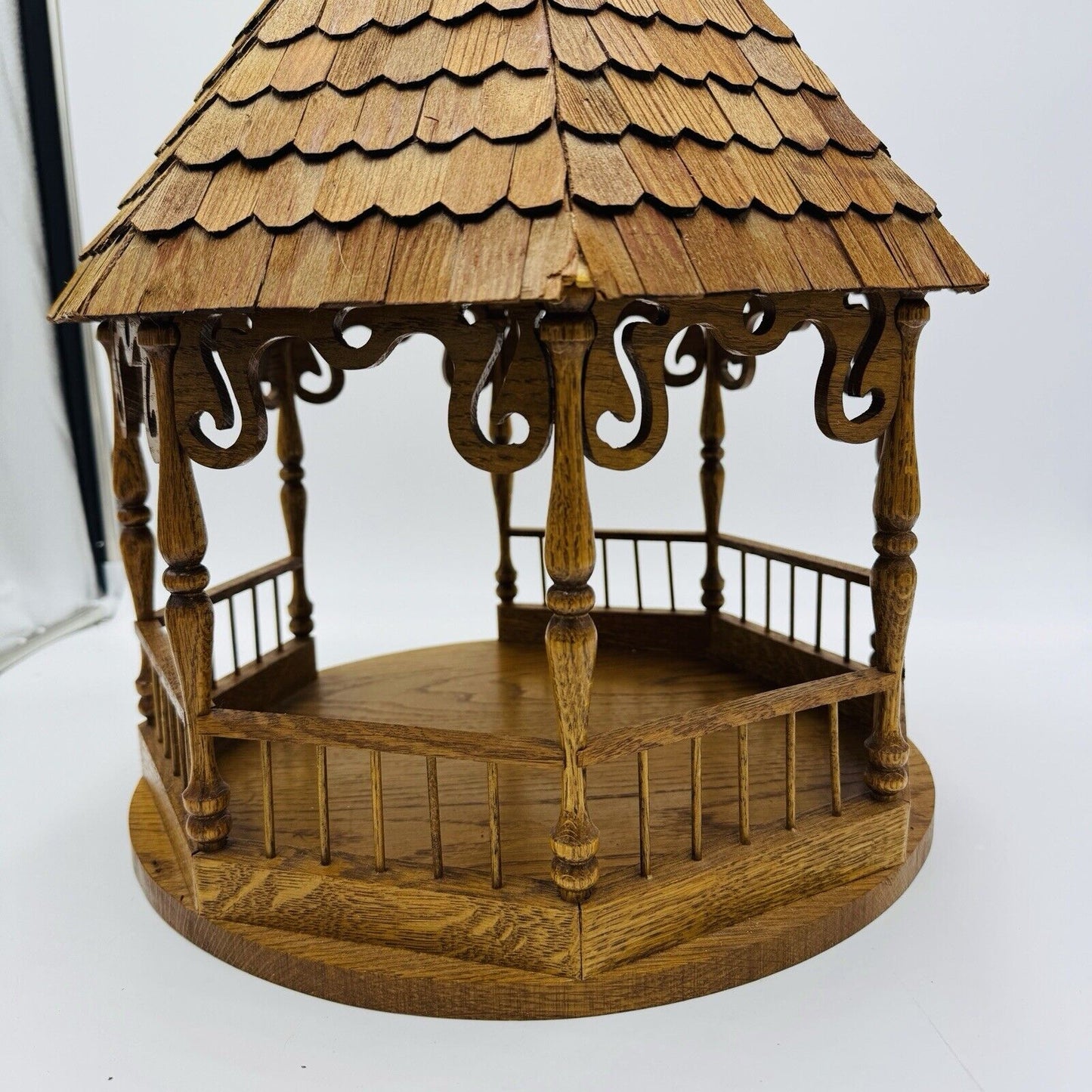 Large Folk Art Solid Wood Gazebo Bird feeder Vintage 1970s 18”x 14” Ornate Carve