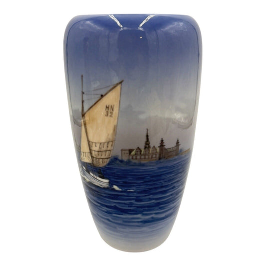 Royal Copenhagen Porcelain Denmark Nautical Boat Ocean Painting Vase 9” Vintage