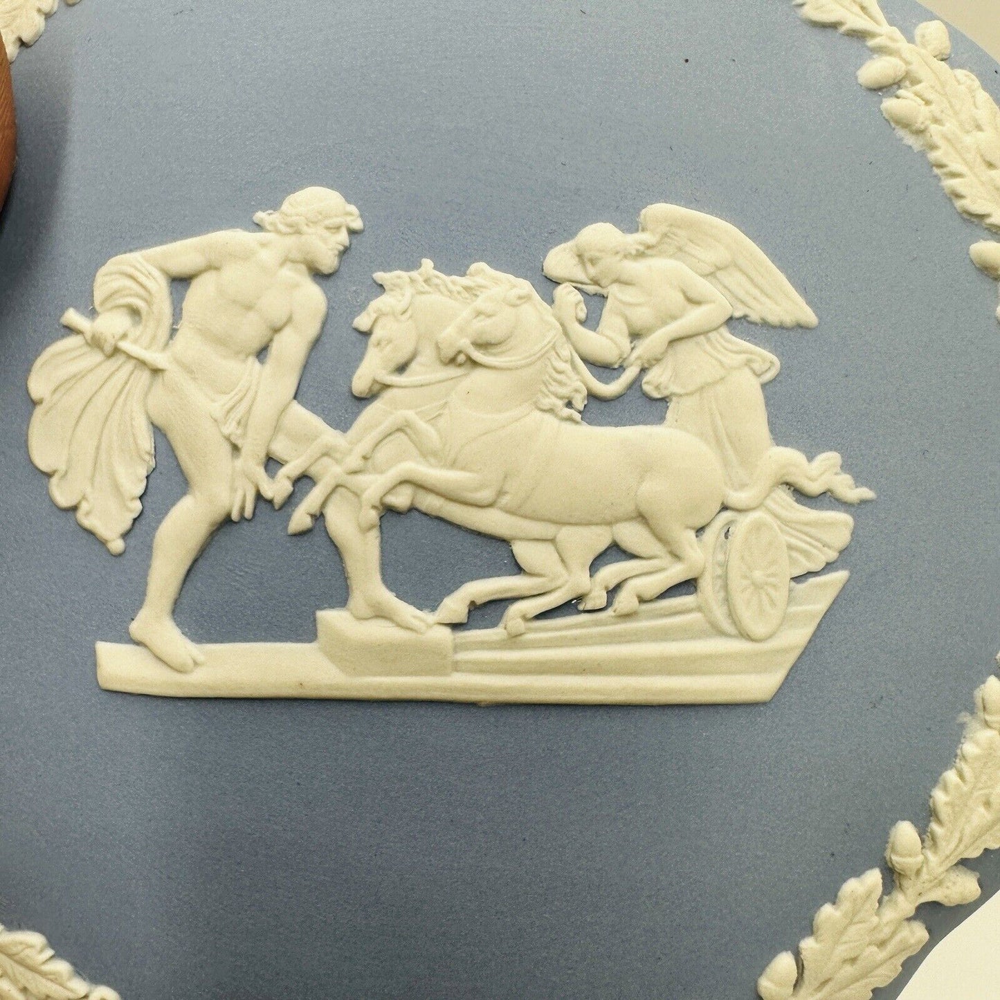 Wedgwood Blue Jasperware Covered Dresser Trinket Box Inlaid Ornate Horse Vintage