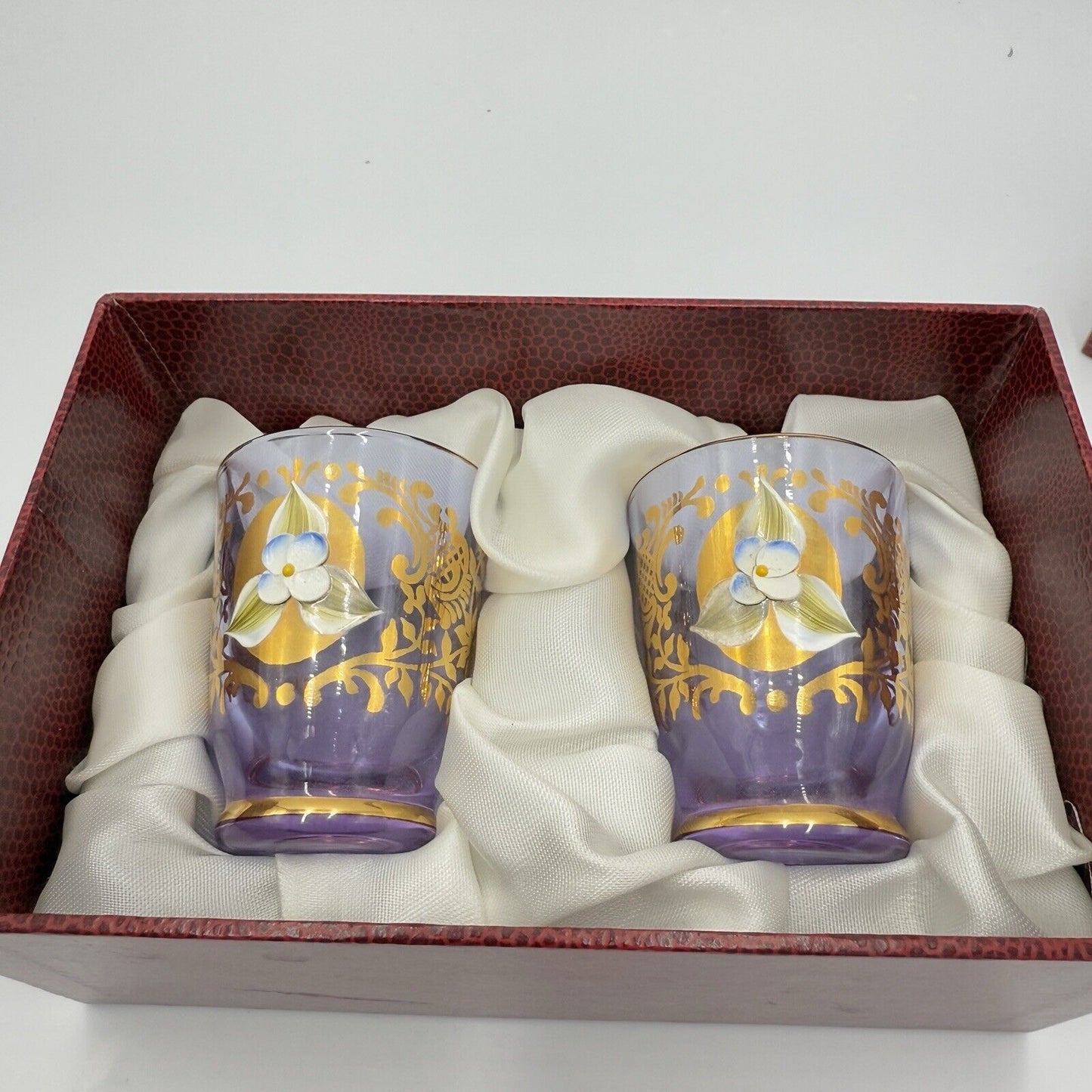 Murano Art Glass Vecchia Italy Lavender Shots Pair Glasses Set 2 Box /COA Vintag