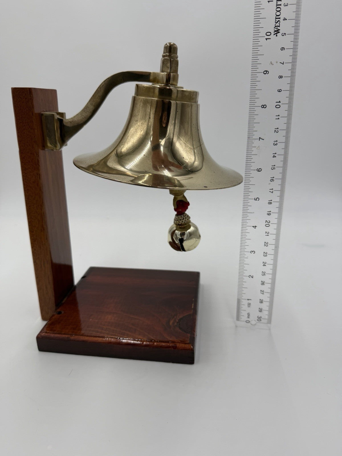 Vintage Brass Fog Tabletop Bell Boat Marine Nautical Hardware USA Wood Base