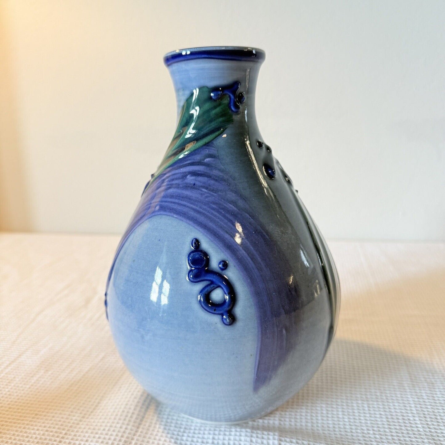 Studio Pottery Flower Vase Blue Purple Drip Ceramic Signed 8in H Swirls Leaf