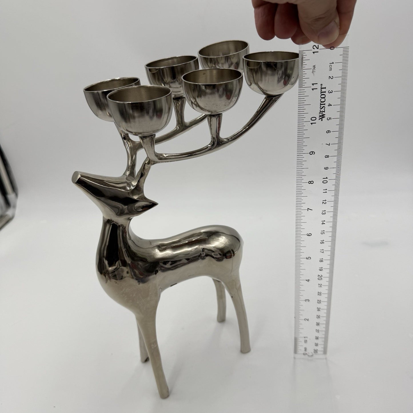 Pottery Barn Reindeer Silver Tone Holiday Votive Candelabra 12”x 7” Candle Holde