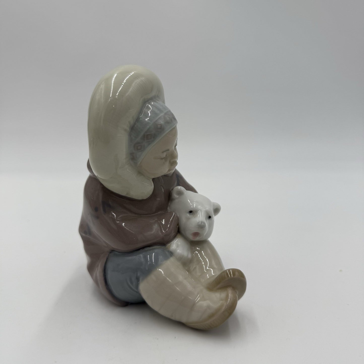 LLADRO Spain Porcelain Eskimo Inuit Boy playing  With Polar Bear Cub Figurine