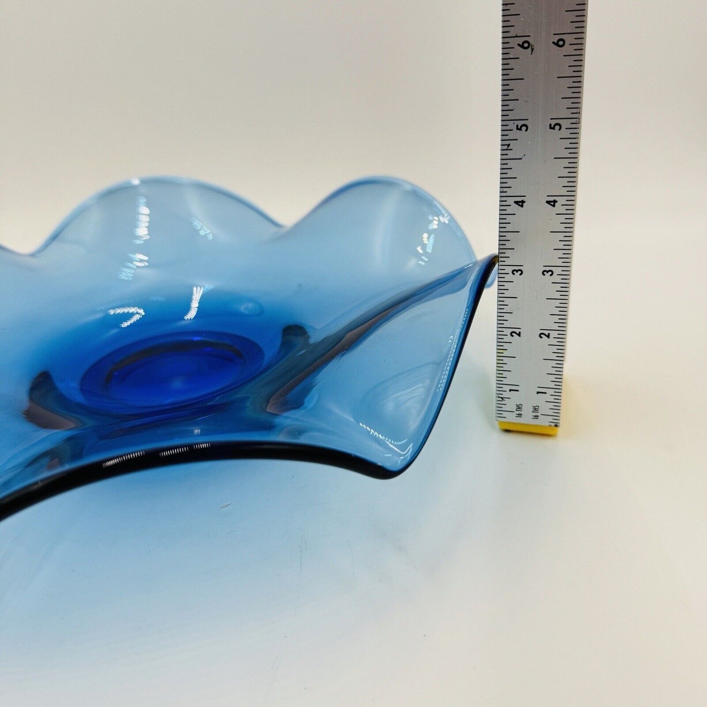 Viking Art Glass Bluenique Blue Ruffled 6 Petals Bowl 3in x 12in Rare MCM