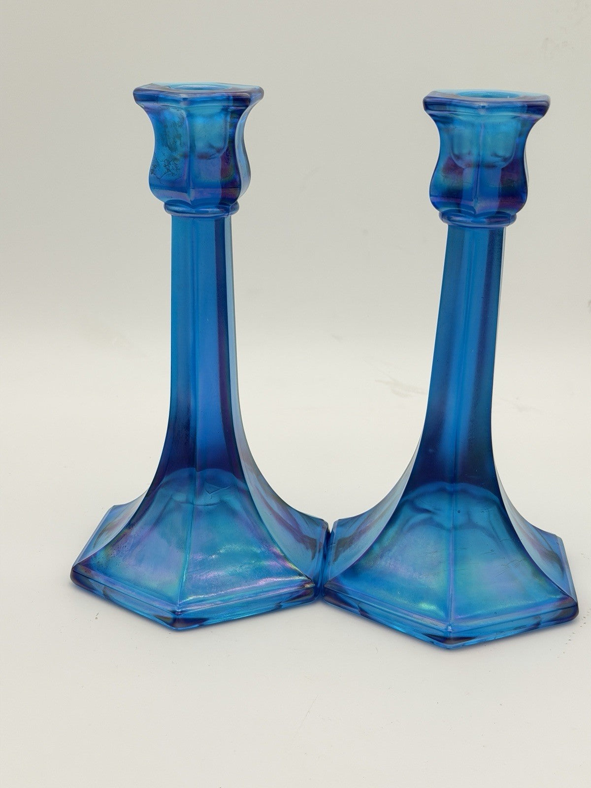 Fenton Florentine Celeste Blue Iridescent Carnival Art Glass Candle Sticks