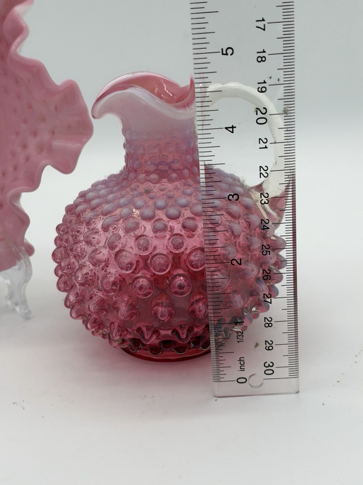 Vtg Fenton Art Glass Cranberry Opalescent Hobnail Ruffled Bowl & Pitcher