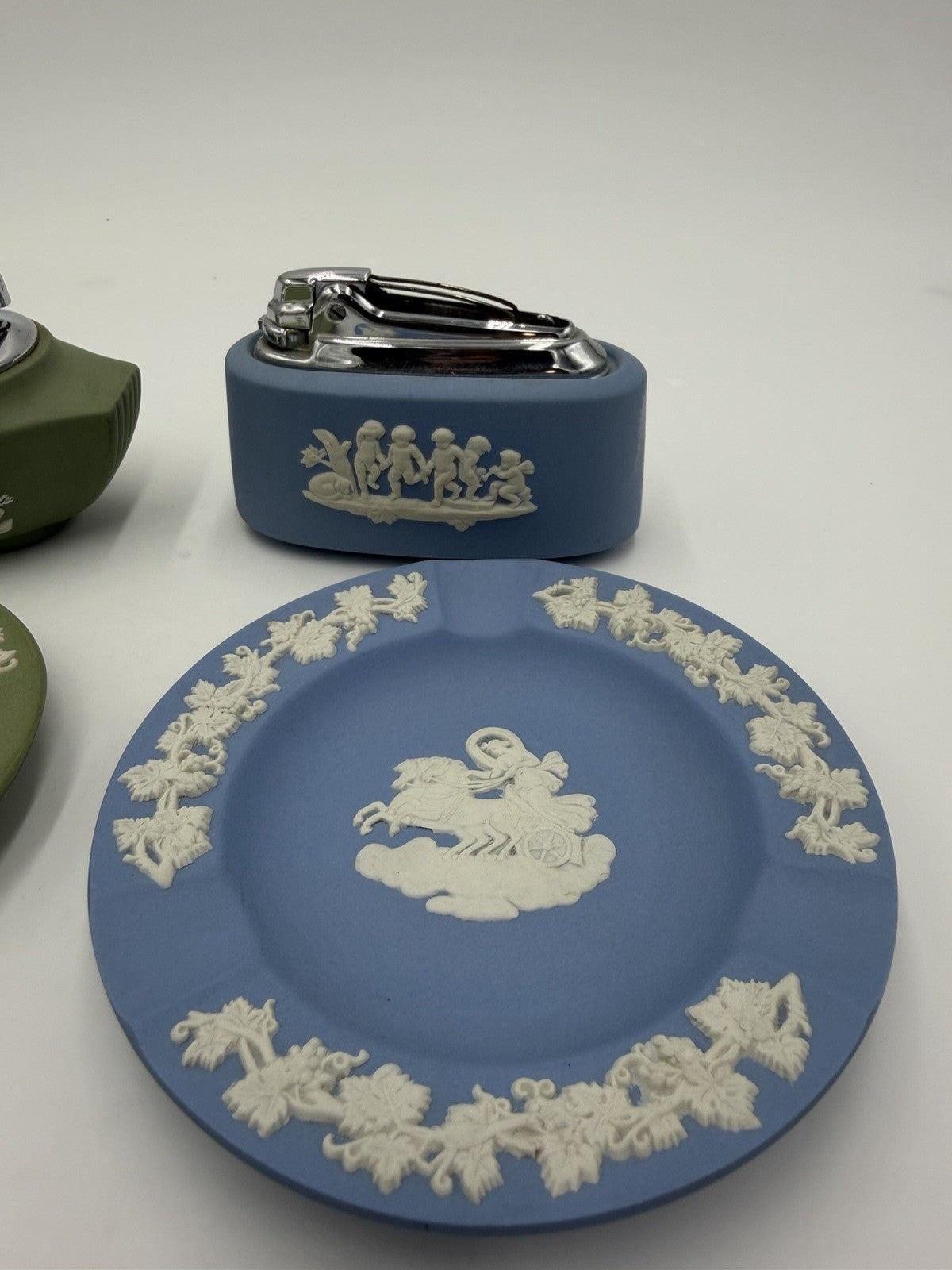 Wedgwood Jasperware Green &blue Lighters Ashtray Set 4 PCs England Porcelain