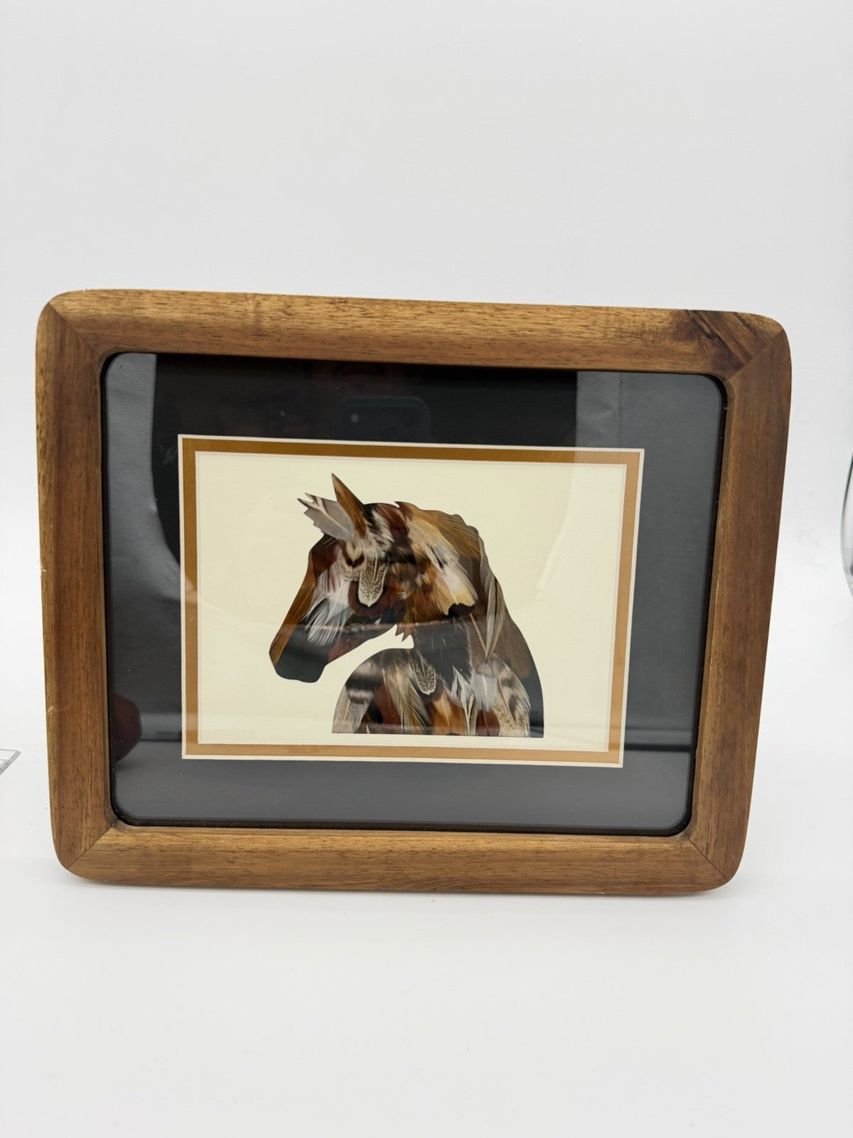 Folk Art Feathers Art Horse Wall Hanging Framed Art Wood Frame 11”x9”