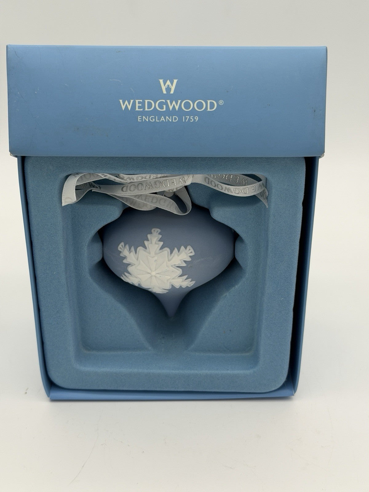 Wedgwood Jasperware Blue/White Teardrop Snowflake Christmas Ornament Boxed