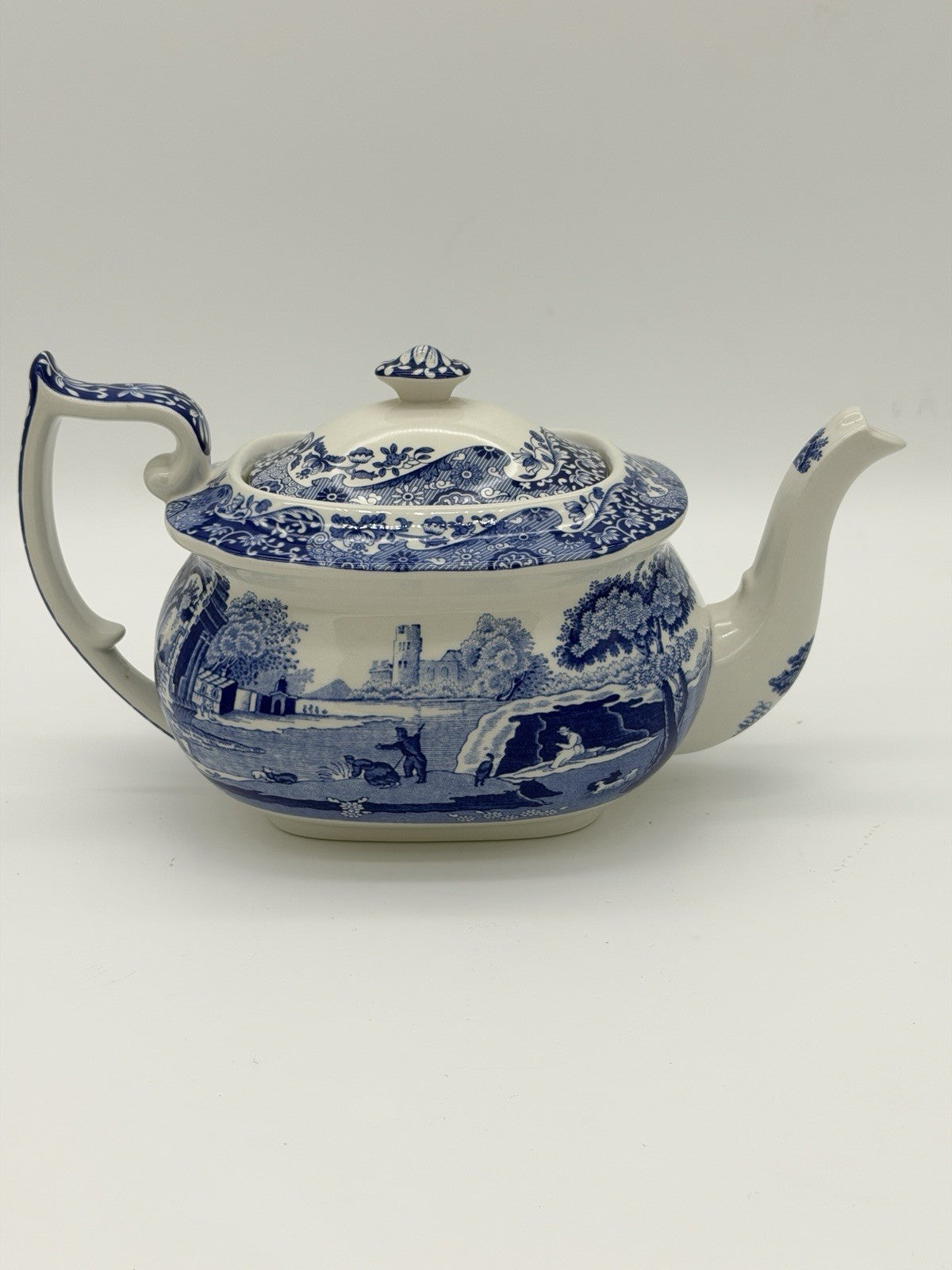 Large Spode England Porcelain Italian Blue & White Teapot 17/A4 Scenic 10”x5”