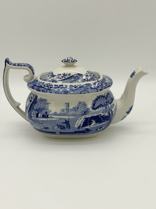 Large Spode England Porcelain Italian Blue & White Teapot 17/A4 Scenic 10”x5”