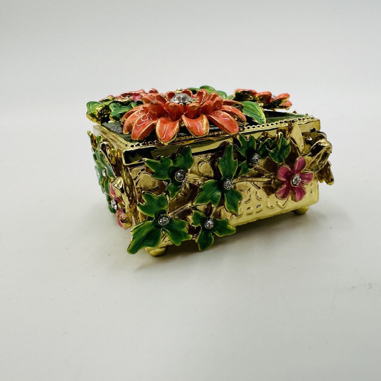 Trinket Box Rhinestone Floral and Green Hand Painted Enamel Interior Miniature