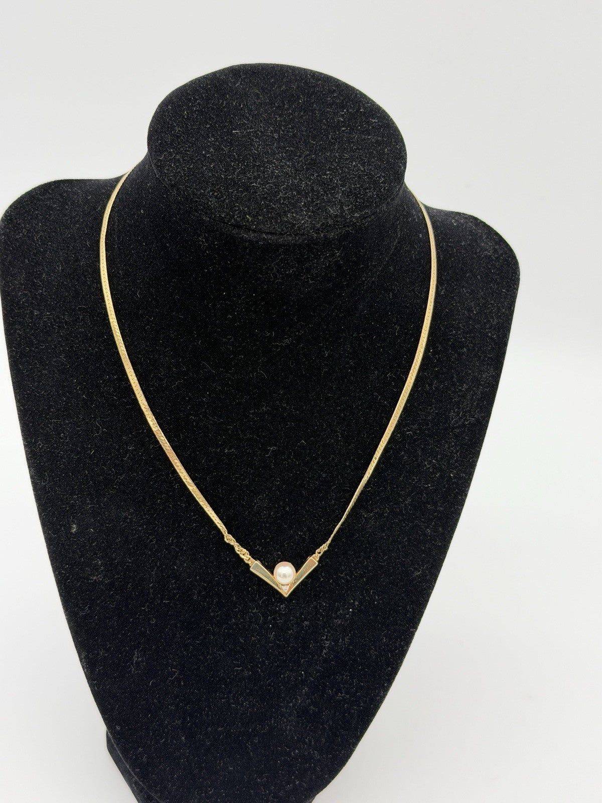14k Italy Yellow Gold Herringbone V Drop Necklace 16”pearl Diamond 6g